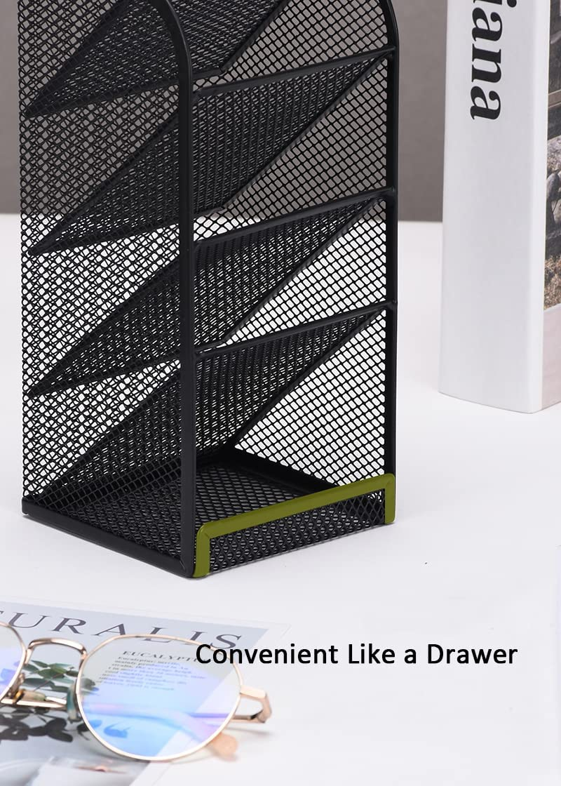 Modern Black Metal Mesh Angled Desk Organiser, 5-Compartment Stationery Drawer Organizer with Pen Holder image number 5