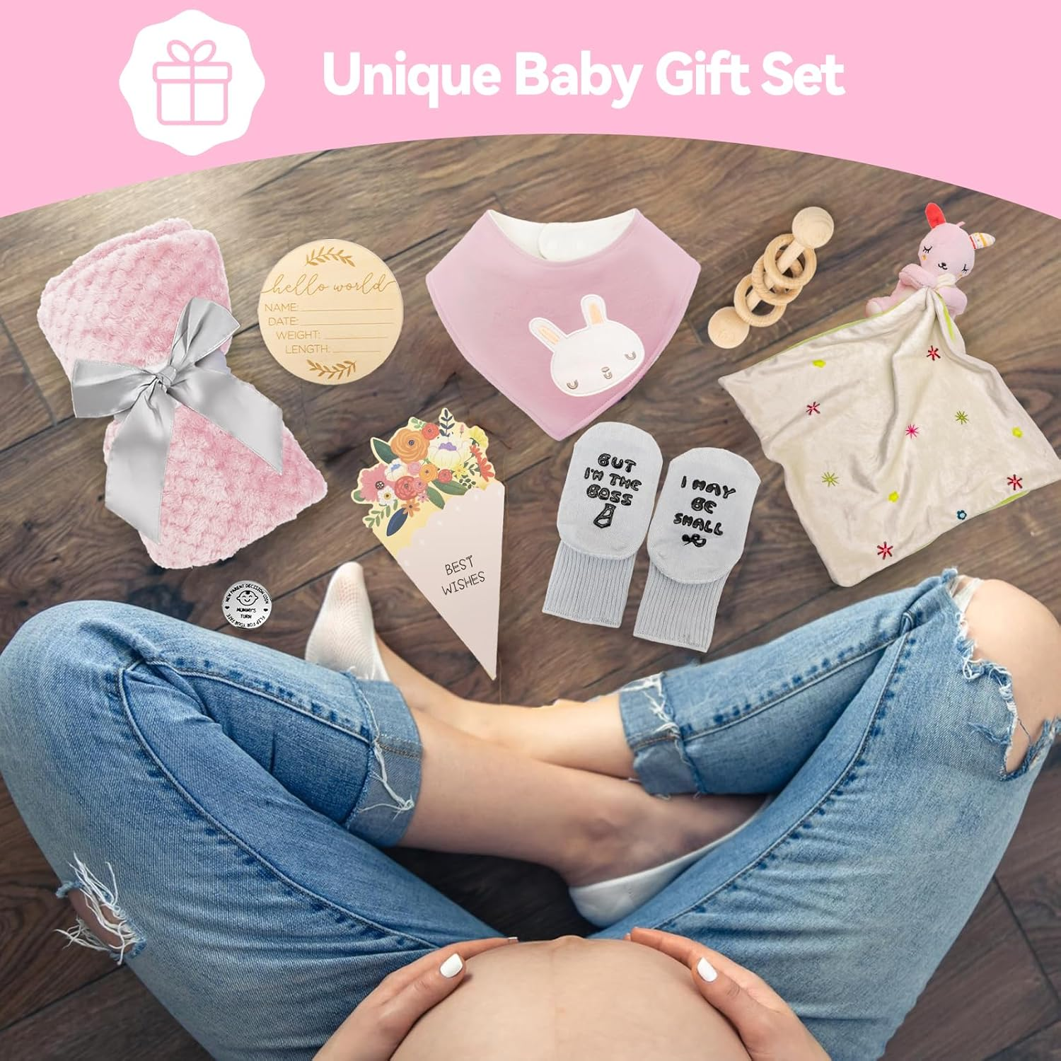 GANGANWU Baby Shower Gifts, New Baby Gifts for Girls, Pink 8 in 1 Set - New Baby Gifts, Baby Boy Gifts Including Lovey Security Blanket, Welcome Card, Wooden Rattle Toy, Socks,Baby Bib and More