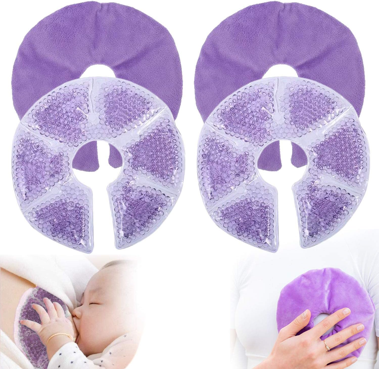 Breast Ice Pack, 2 Pack Hot Cold Breastfeeding Gel Pads for Breastfeeding, Pain after Breast Surgery, Nursing Pain Relief for Mastitis, Engorgement, Reusable, Freezable, Microwavable