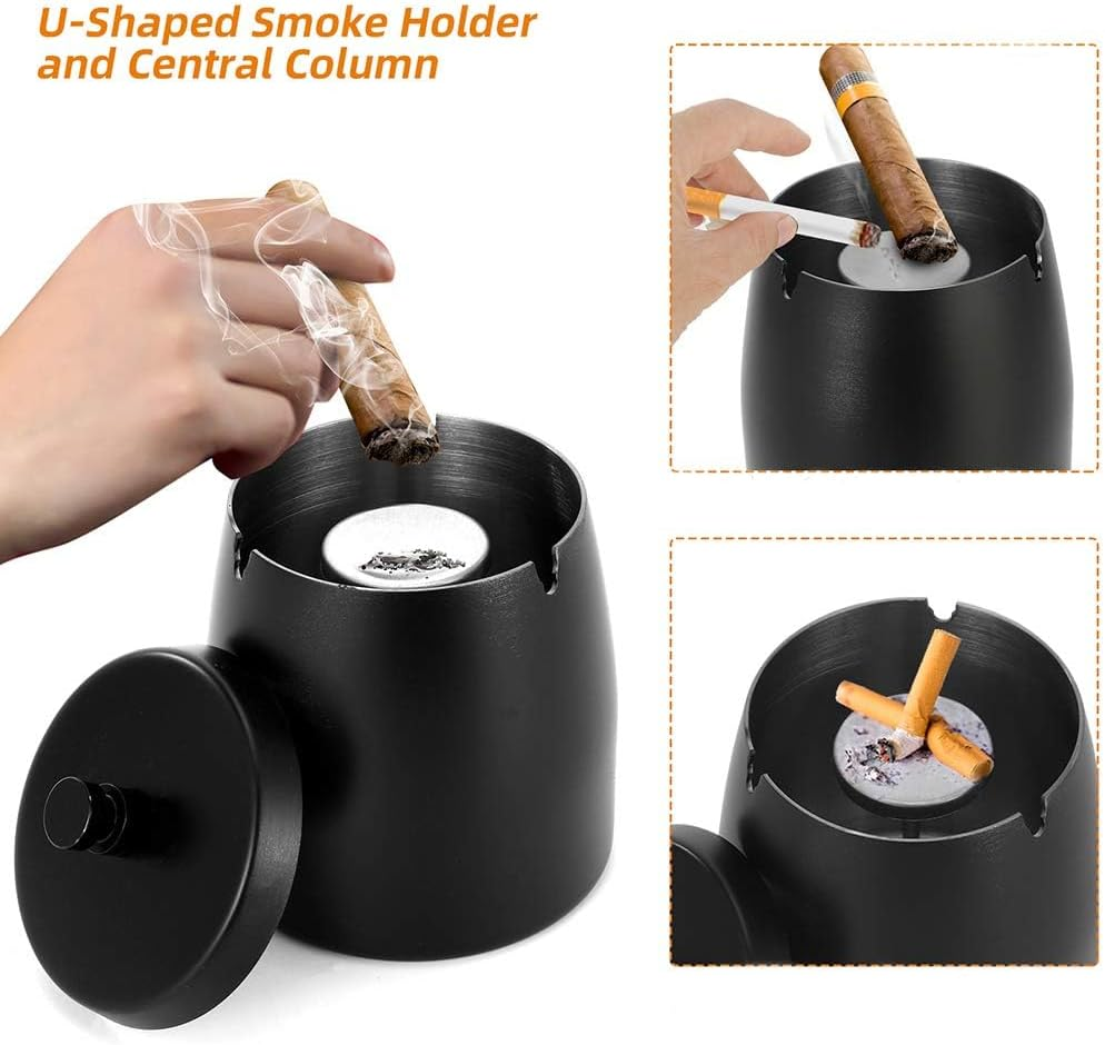 Large Outdoor Ashtray with Lid, Black Stainless Steel, High Capacity Smokeless Design, Windproof Covered, Odor Proof for Patio Home Office Tabletop image number 1