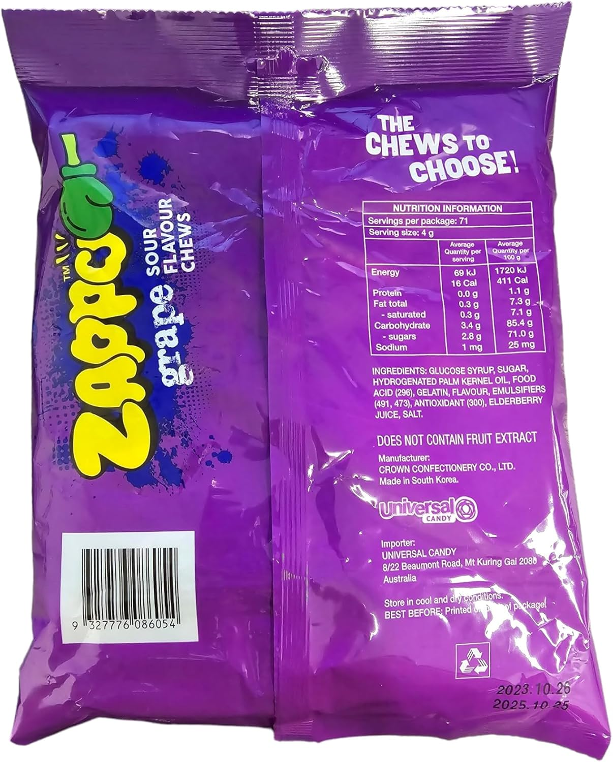 Zappo Sour Grape Chews 284 G Share Bag Tangy Fruit Chews image number 4