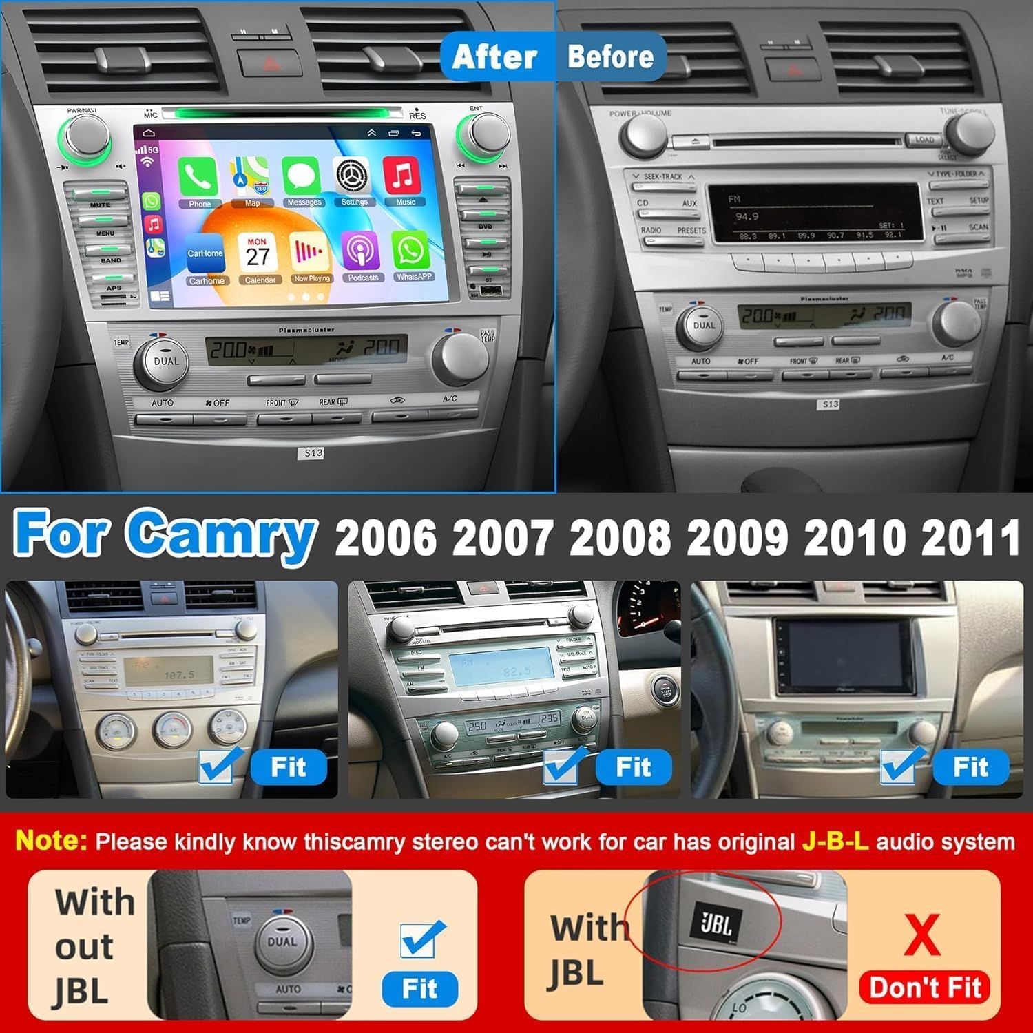 Car Radio for Toyota Camry 2006 2007 2008 2009 2010 2011, 8-Inch Touch Screen Car Stereo Support Cd/Dvd,Carplay&Android Auto, Bluetooth5.2&Voice Control, Backup Camera& SWC,AM/FM Car Radio Receiver image number 5