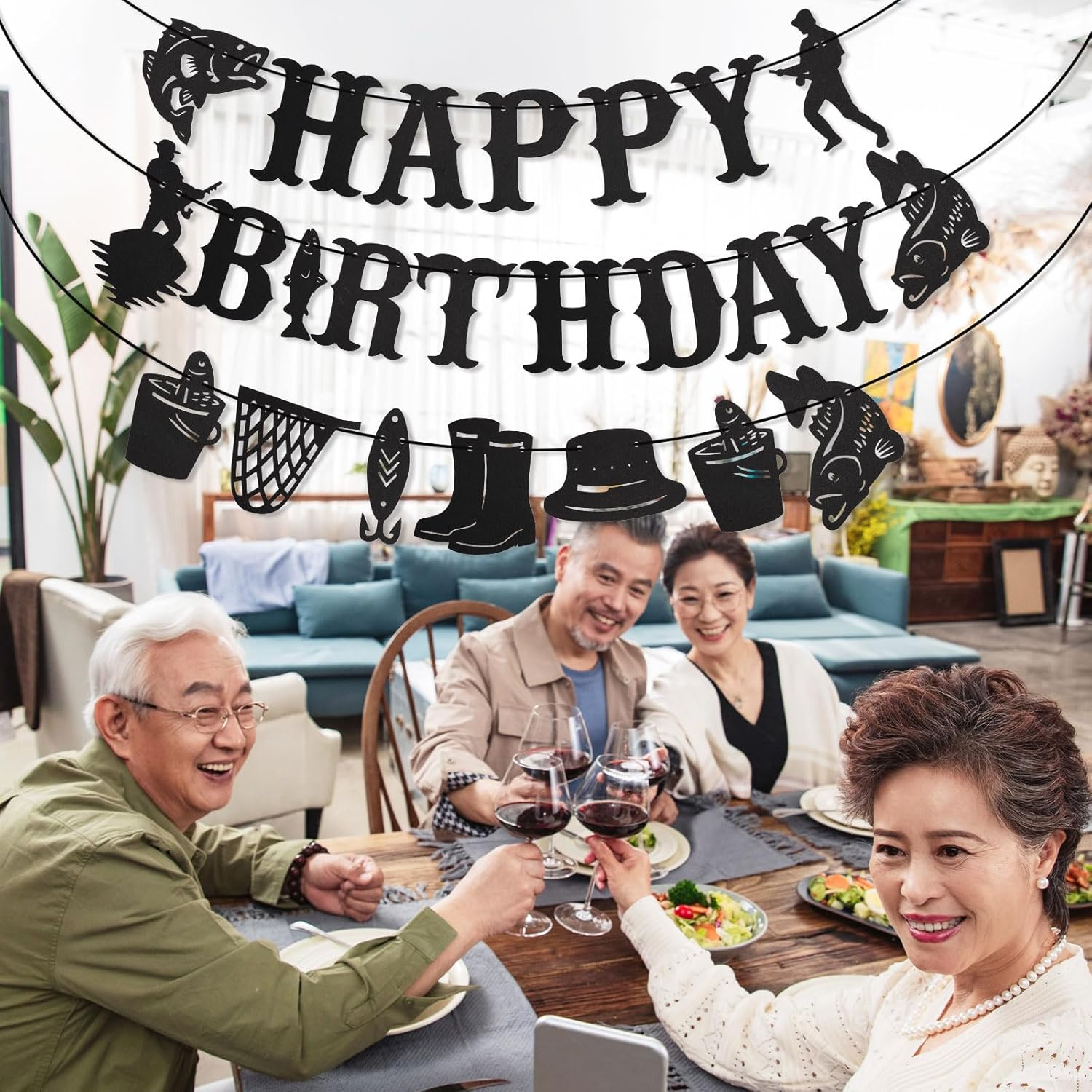 Fishing Birthday Banner, Happy Birthday Fishing Fish Fishing Net Boot Element Banner for Hanging on Fishing Line Decoration for Fish Birthday Party Birthday image number 1