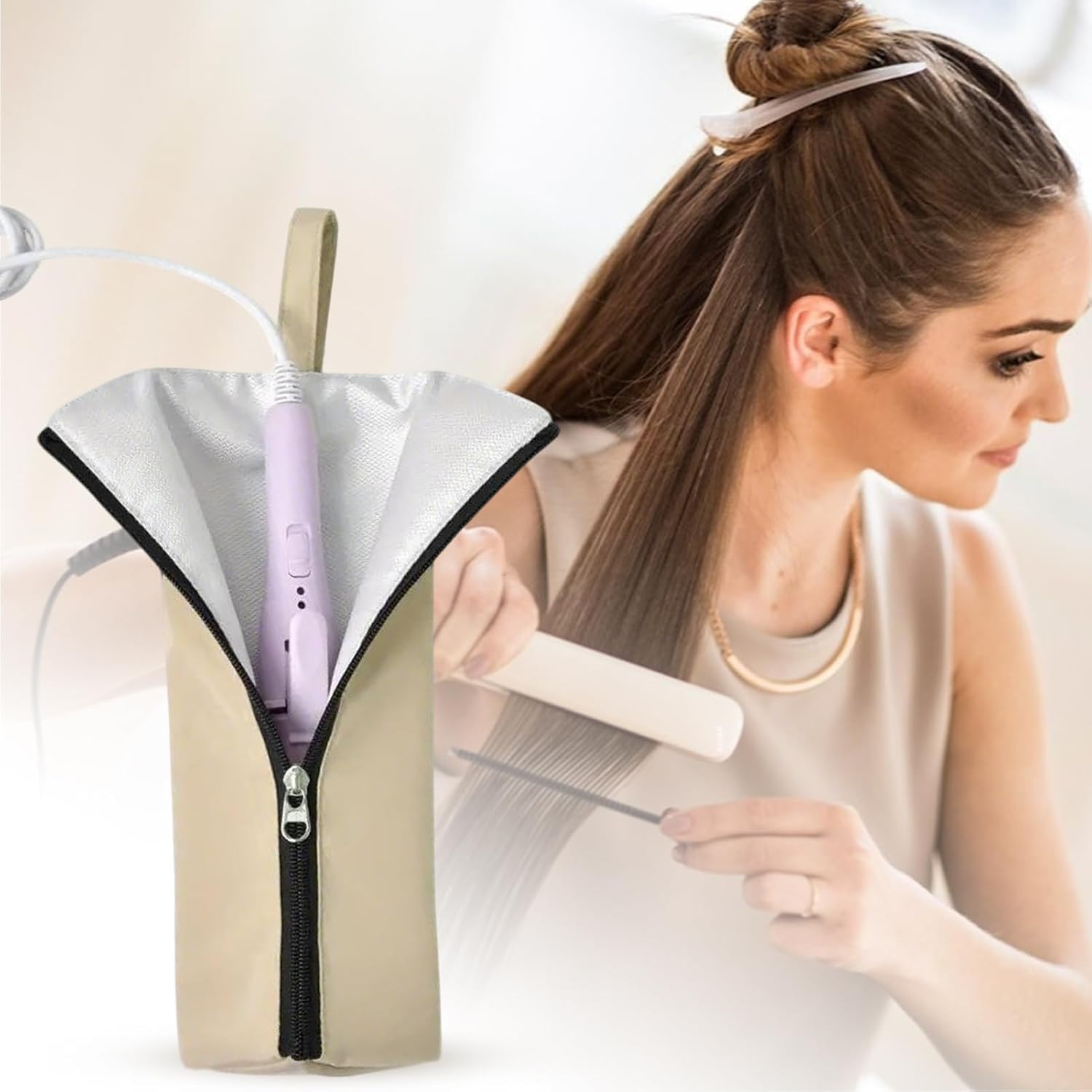 Hair Tool Bag | Heat Resistant Straightener Cover,Dust Waterproof Hair Straightener Organizer for RV Hairstylist Travel Salon Bathroom Home Makeup Station - Pink image number 2