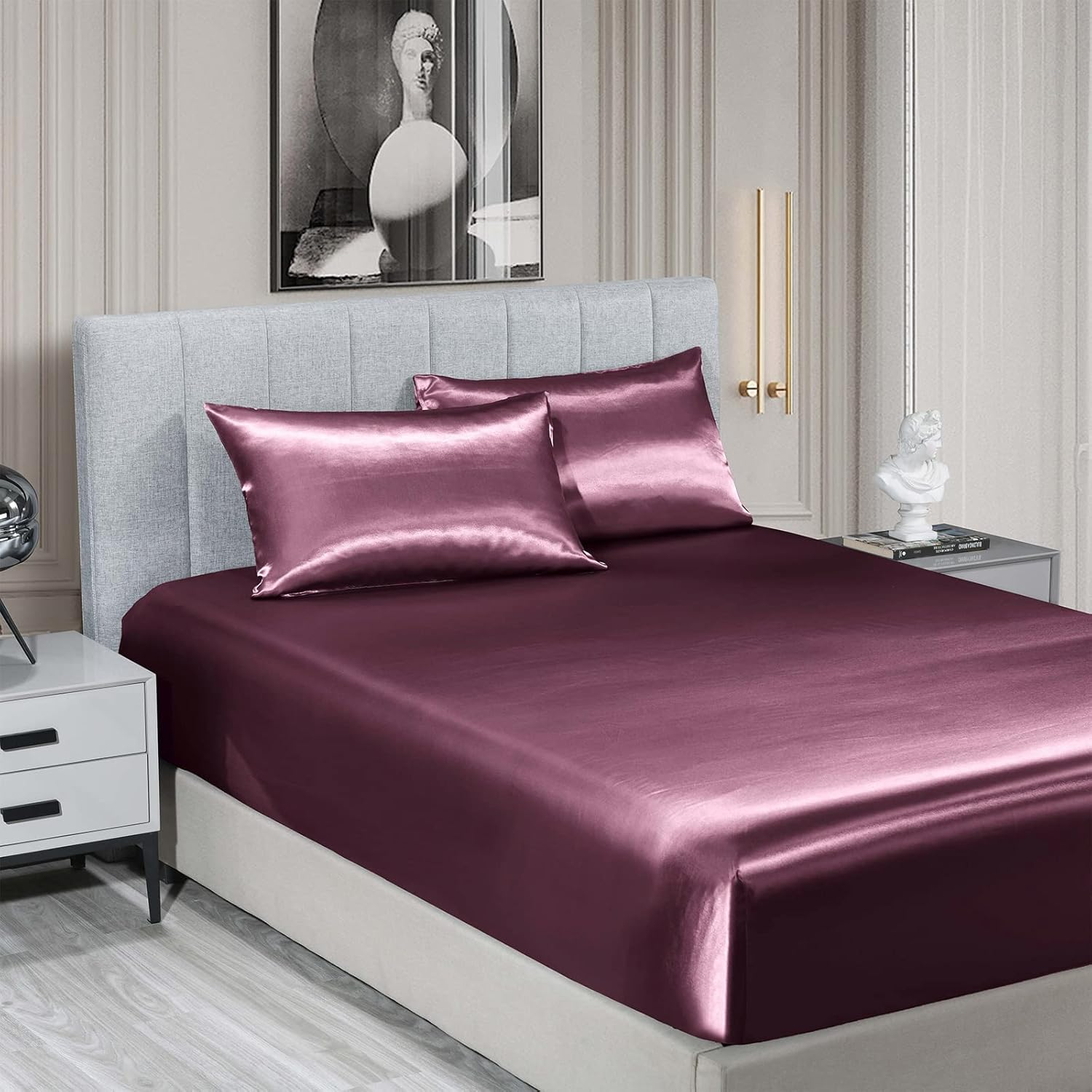 Royal Comfort Sheet Set Satin Polyester, Ultra Soft, Breathable, Silky Smooth, 1 X Fitted Sheet, 2 X Pillowcases(3 Pcs, Queen, Malaga Wine) image number 1