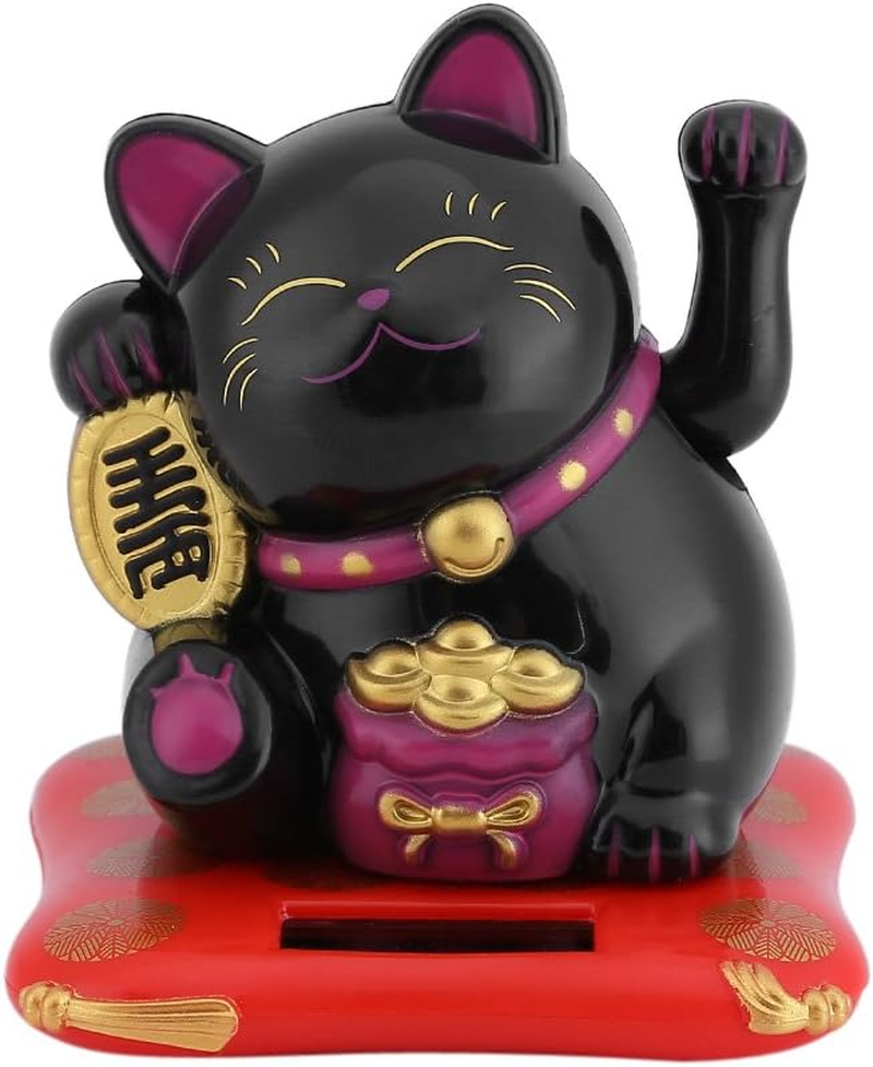 Solar Waving Cat, Cute Good Luck Cat, Solar Powered Fortune Lucky Wealth Welcoming Cat for Home, Office or Car Display, Feng Shui Decoration, Friends or Colleagues (Black)