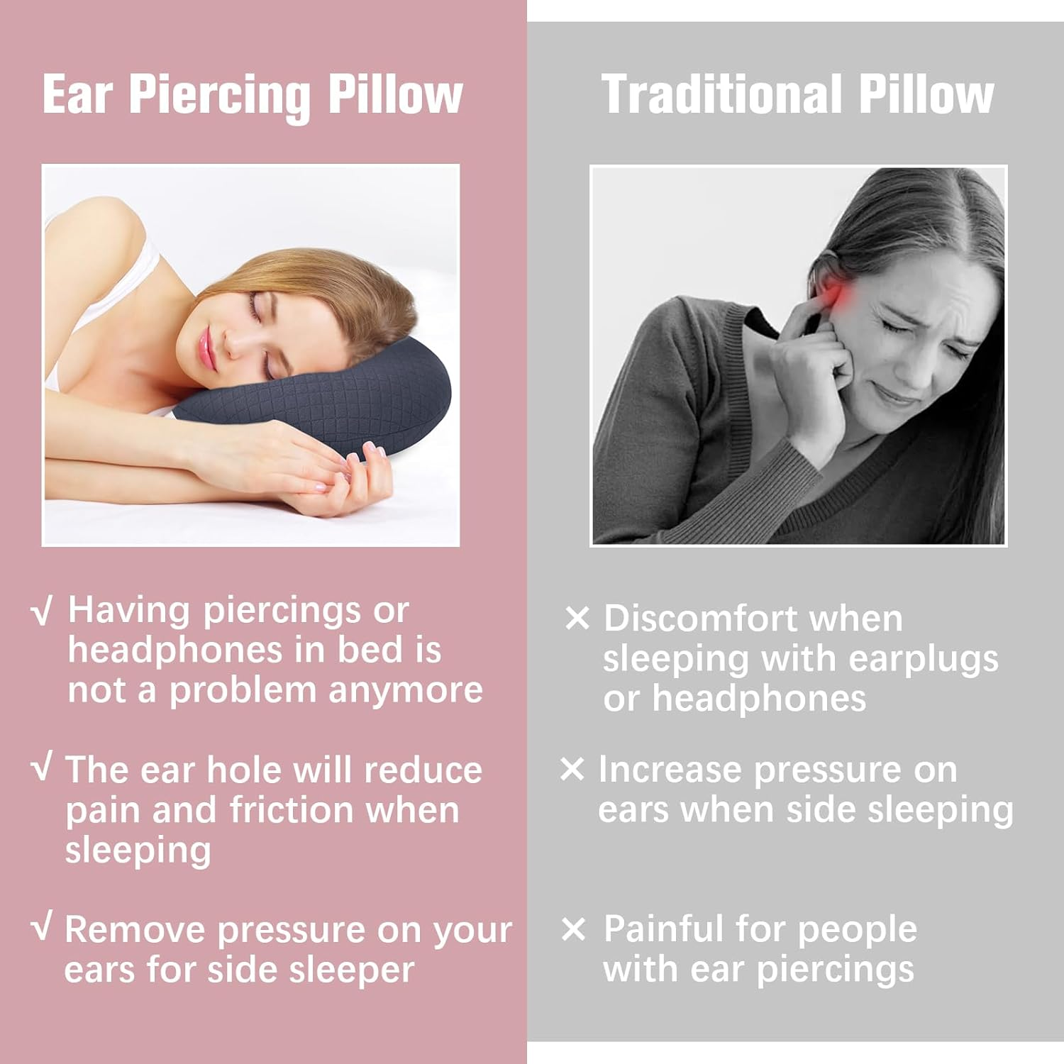 Roamready Ear Piercing Pillow for Side Sleepers, Ear Pillows with Holes for Pain, Earring Inflammation Pressure Sores, Cotton Earring Pillow for CNH Side Sleepers