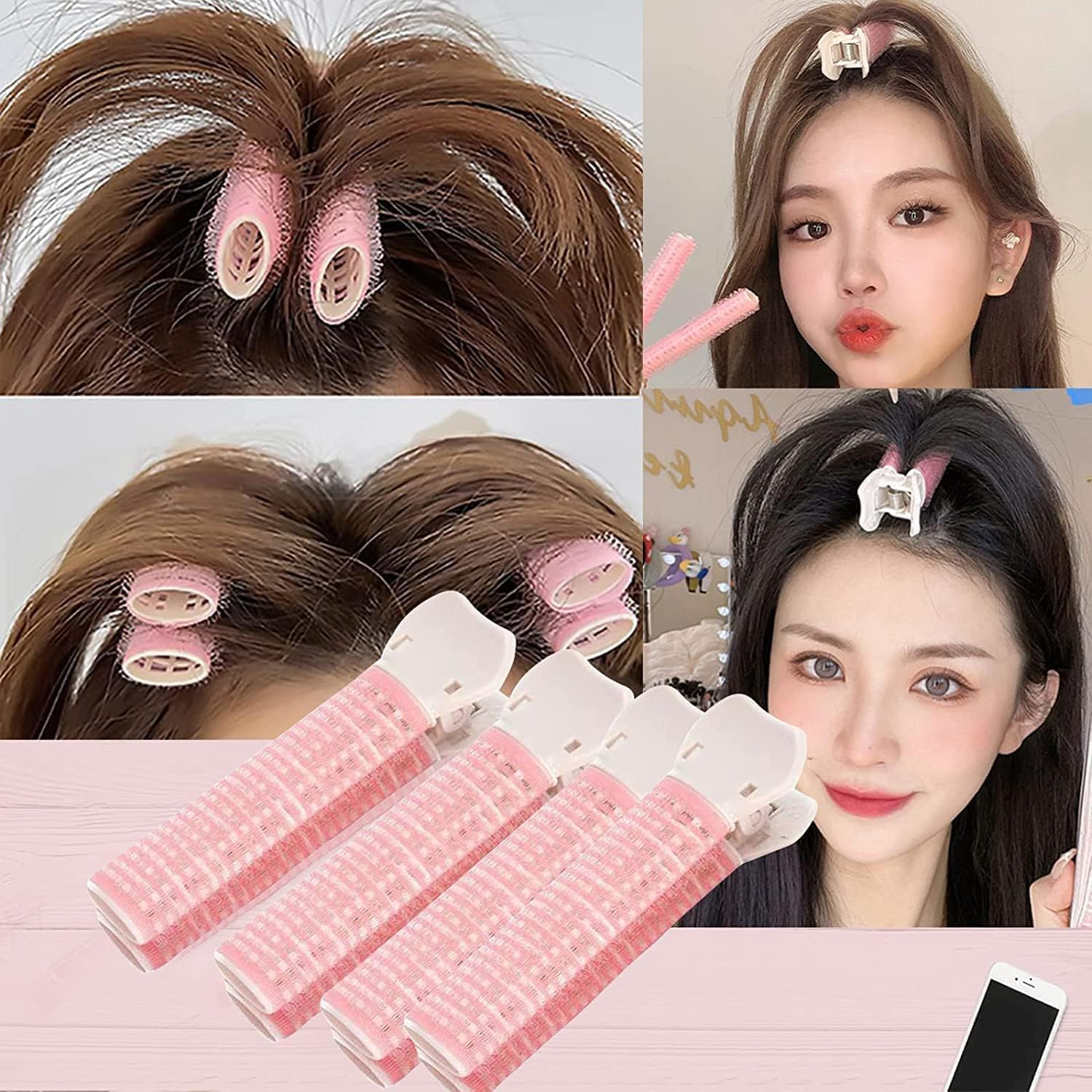 4 Pcs Pink Hair Rollers with Clip,Portable Hair Volume Clip,Volumizing Hair Root Clips,Bangs Curler DIY Hair,Styling Accessories,Self Grip Volume Hair Root,Hair Rollers,Styling Tools and Appliances image number 4