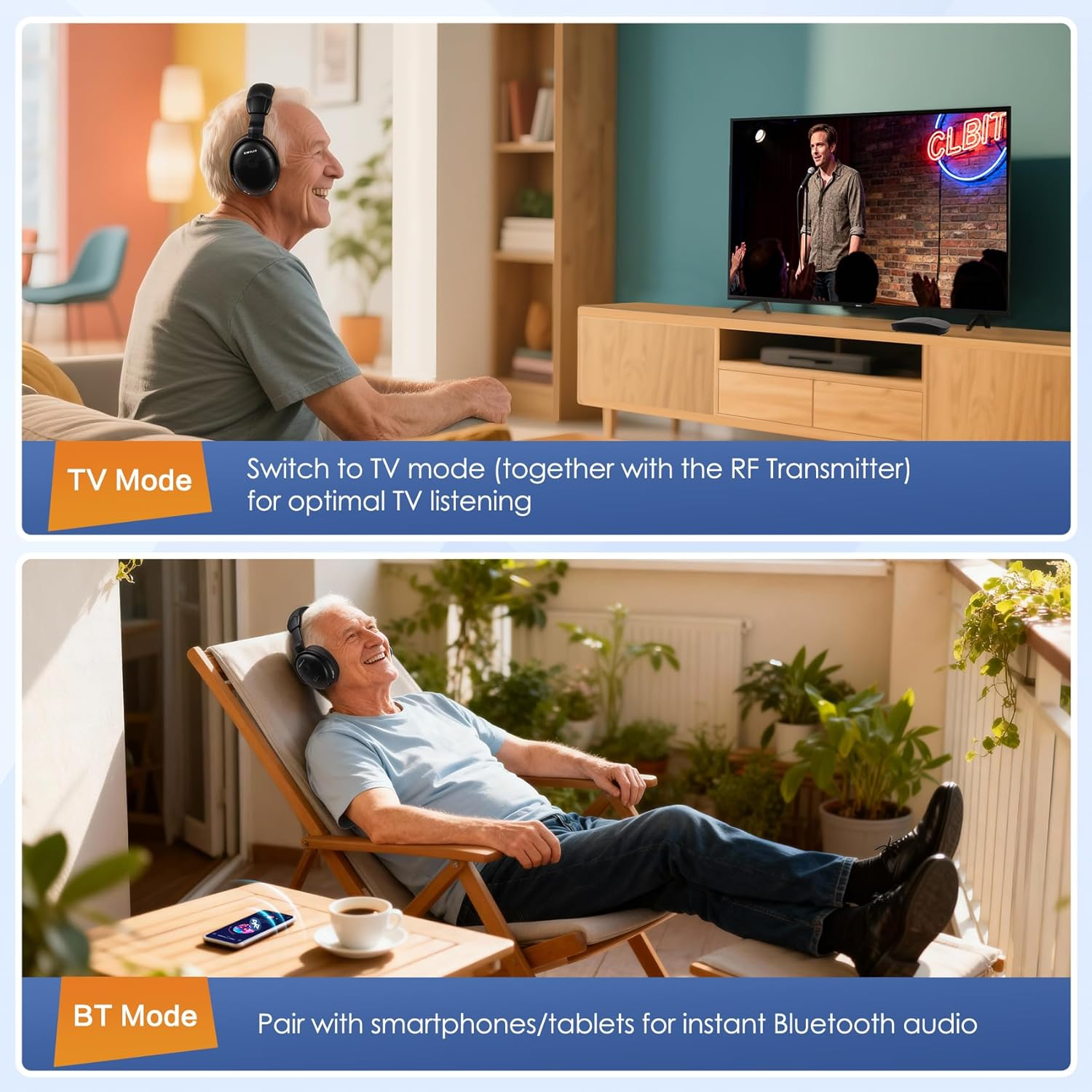 SIMOLIO Wireless Headphones for TV Watching with Transmitter (Digital Optical/Rca/Aux), Enhanced Voice & Spare Battery for Seniors & Hard of Hearing, Balance & Tone Control, No Audio Lag, 100FT Range image number 5