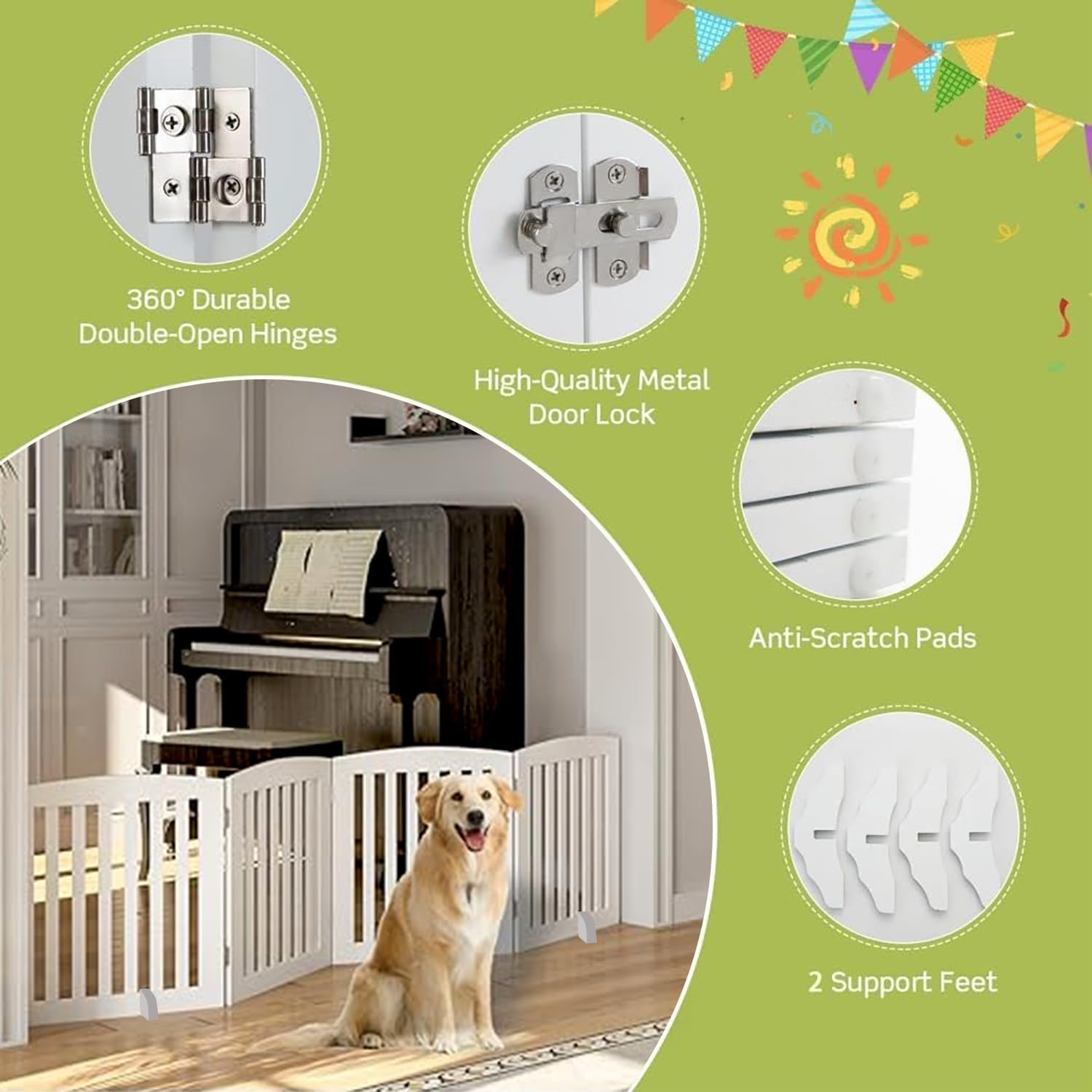 LIODUX Wooden Freestanding Pet Gate for Dogs, Foldable Wooden Dog Gates with 2PCS Support Feet, for Doorways Stairs, Indoor Pet Puppy Safety Fence, Extra Wide, 60CM High, 150 CM Wide (White,3 Panels) image number 6