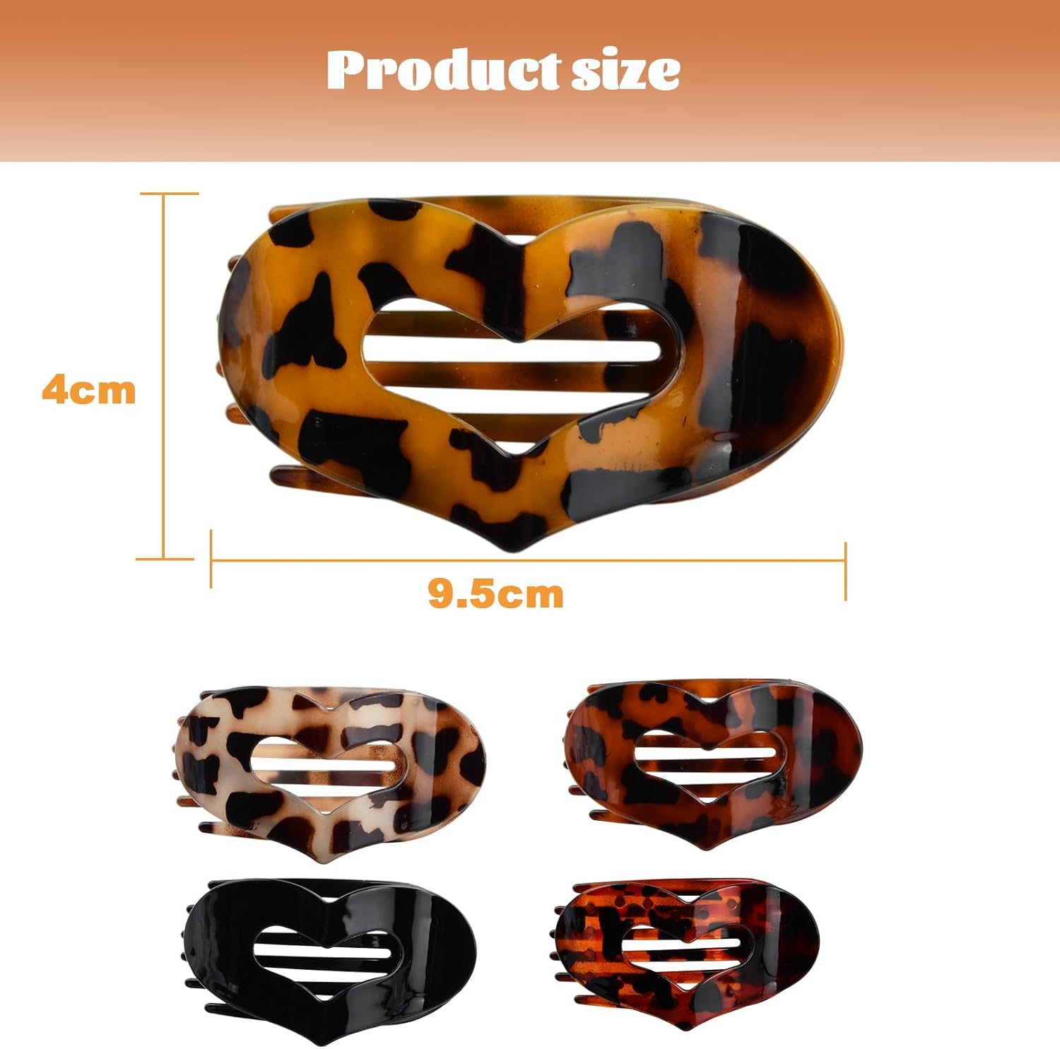 Culinavog Pack of 5 Leopard Flat Oval Hair Clips, Love French Flat Claw Clip, Large Flat Hair Clips, Women, Non-Slip Hair Clip for Thick or Thin Hair, Everyday Sports or Driving