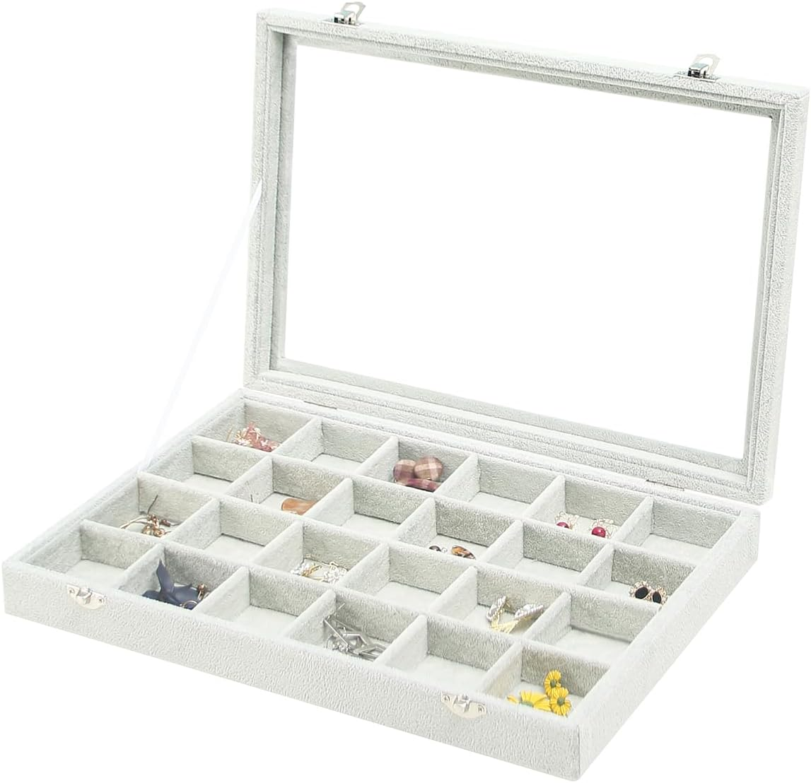 Coward Jewelry Organizer Box, Beige Velvet 12 Grids Bracelet Bangle Necklace Jewelry Display Tray Case with Transparent Glass Lid for Home Drawer Desk or Store Selling Show