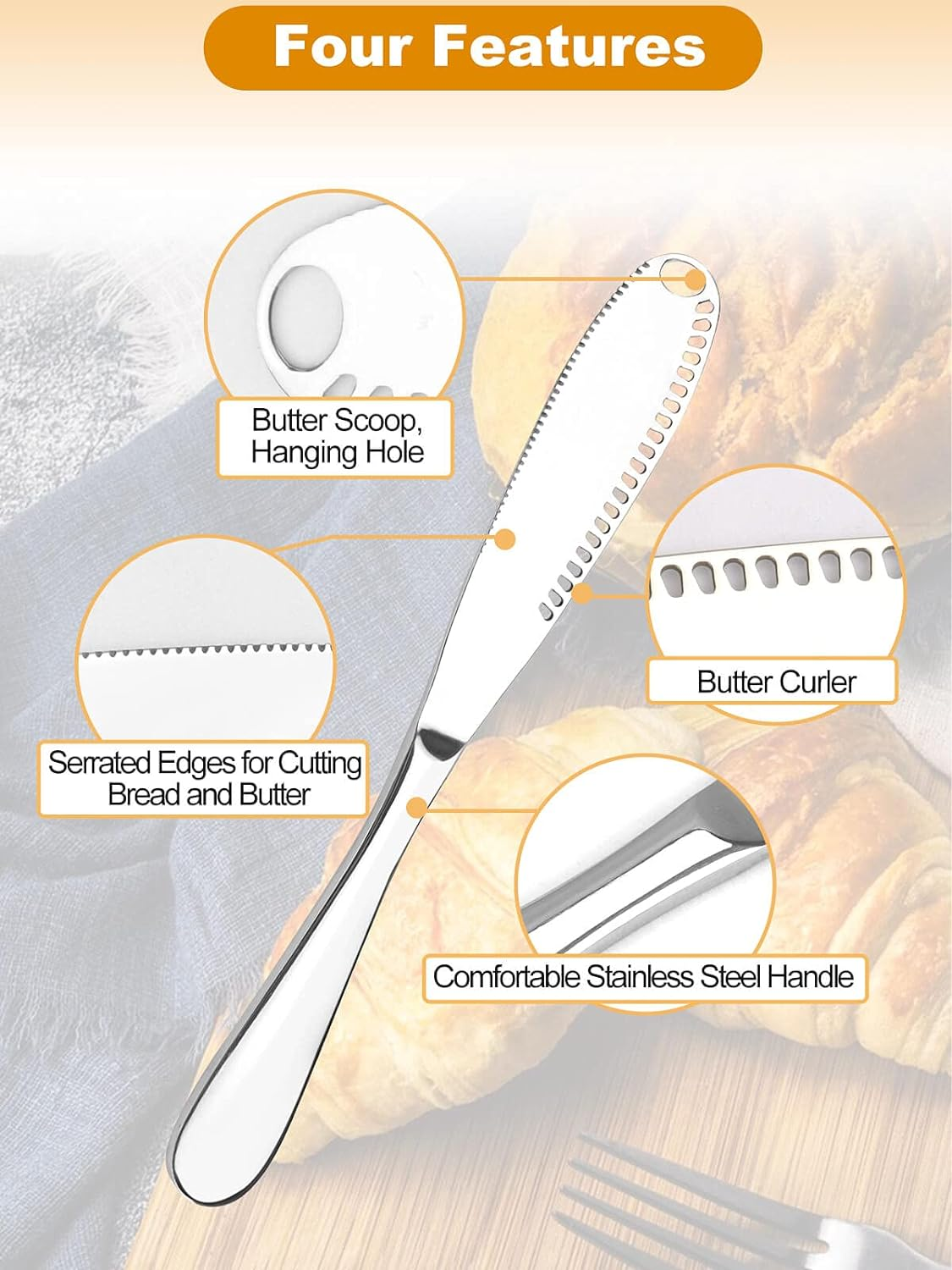 2 Pack Stainless Steel Butter Spreader Knife, 3 in 1 Multi-Function Butter Curler & Spreader with Serrated Edge for Butter Cheese Jams Jelly image number 2