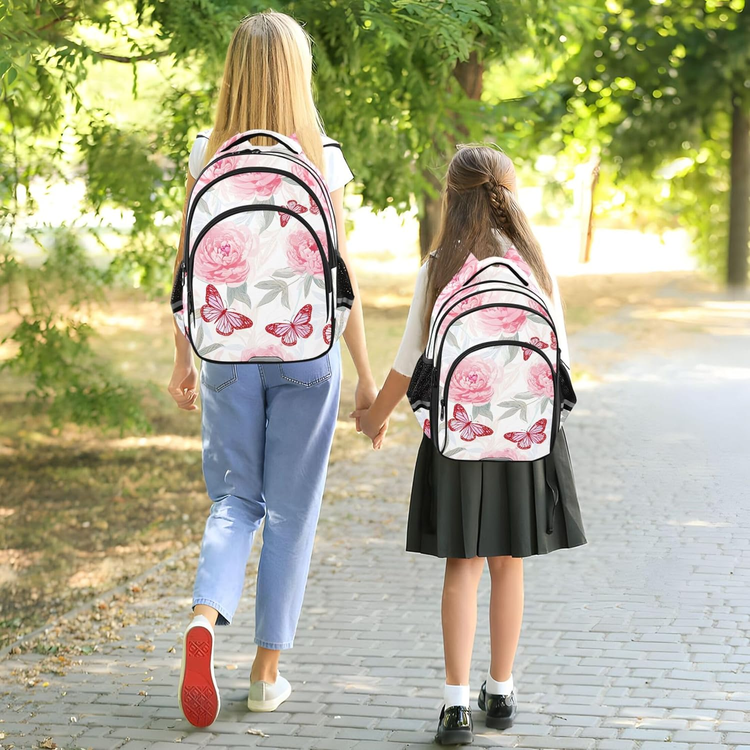 Soft Pink Peonies Butterfly White Kids Student Travel School Cute Floral Book Toddler Elementary Backpacks Animal image number 2