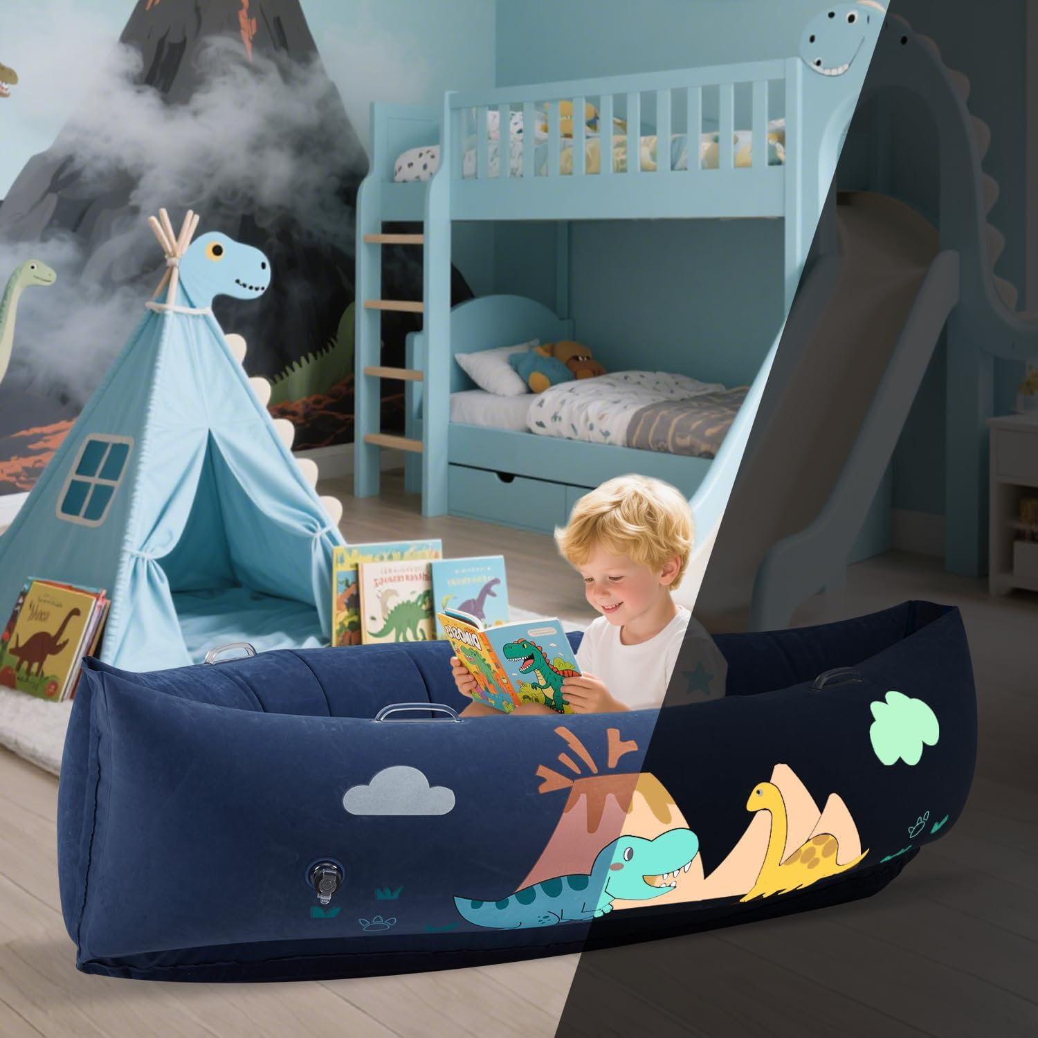 Sensory Chair for Kids, 60" Inflatable Sensory Peapod for Autistic Children, Includes Electric Pump & 3 Sensory Balls, Full Body Calming Pressure, Glow-In-Dark(Dinosaur) image number 2