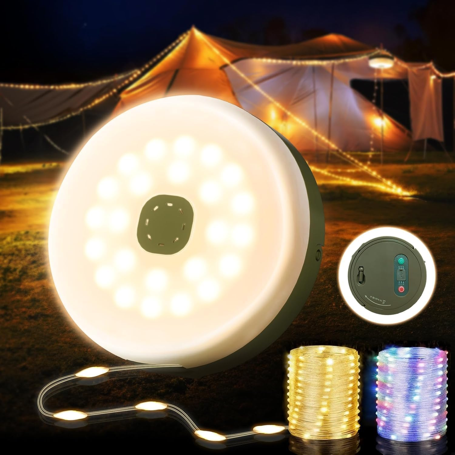 1-Pack Camping Lamp, 32.8FT Rechargeable Waterproof LED Hanging Light for Outdoor Camping Awning Tent Garden Party Festival Decor (Yellow) image number 4