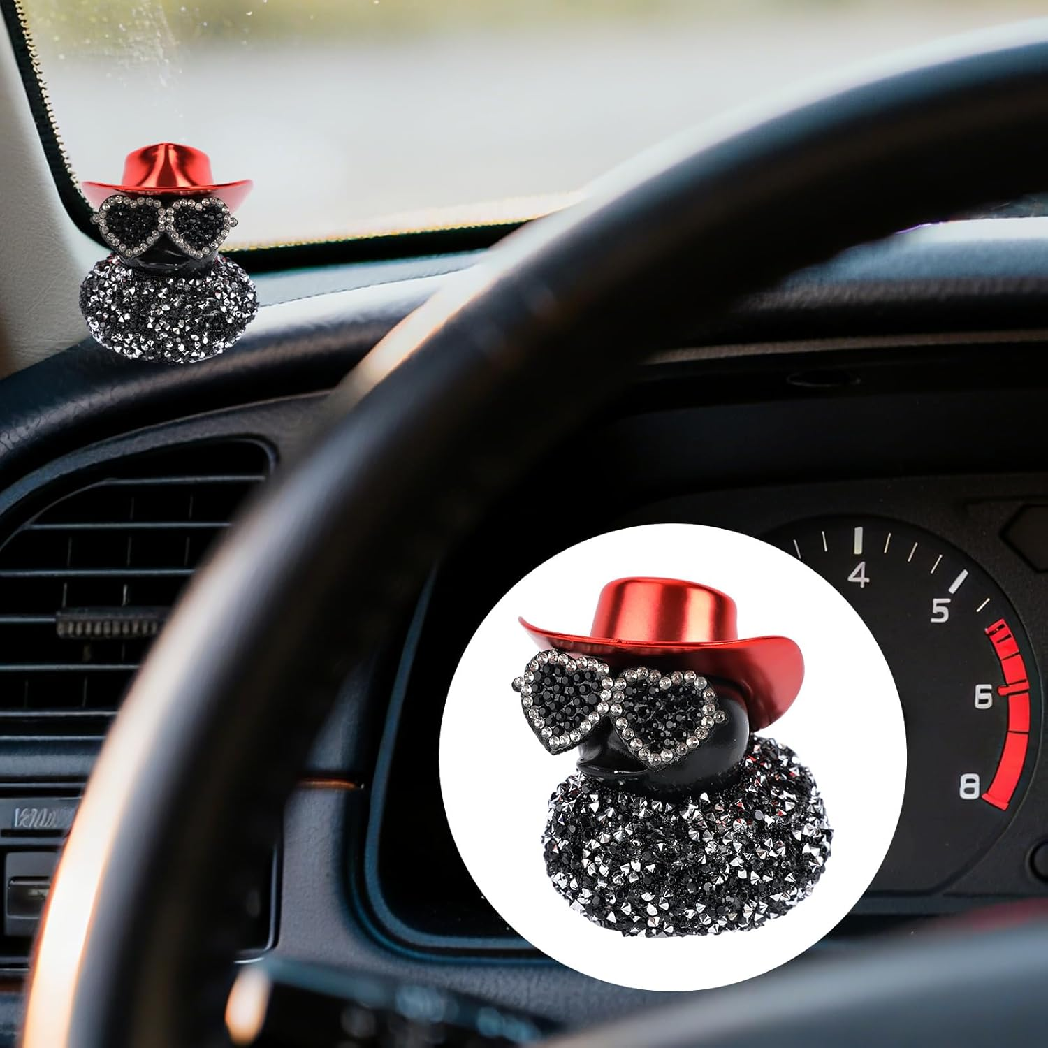 Car Ducks for Dashboard, Black Diamond Duck Decoration Cute Car Rubber Duck Ornament Accessories with Glasses Hat for Dashboard Refrigerator Decoration image number 4