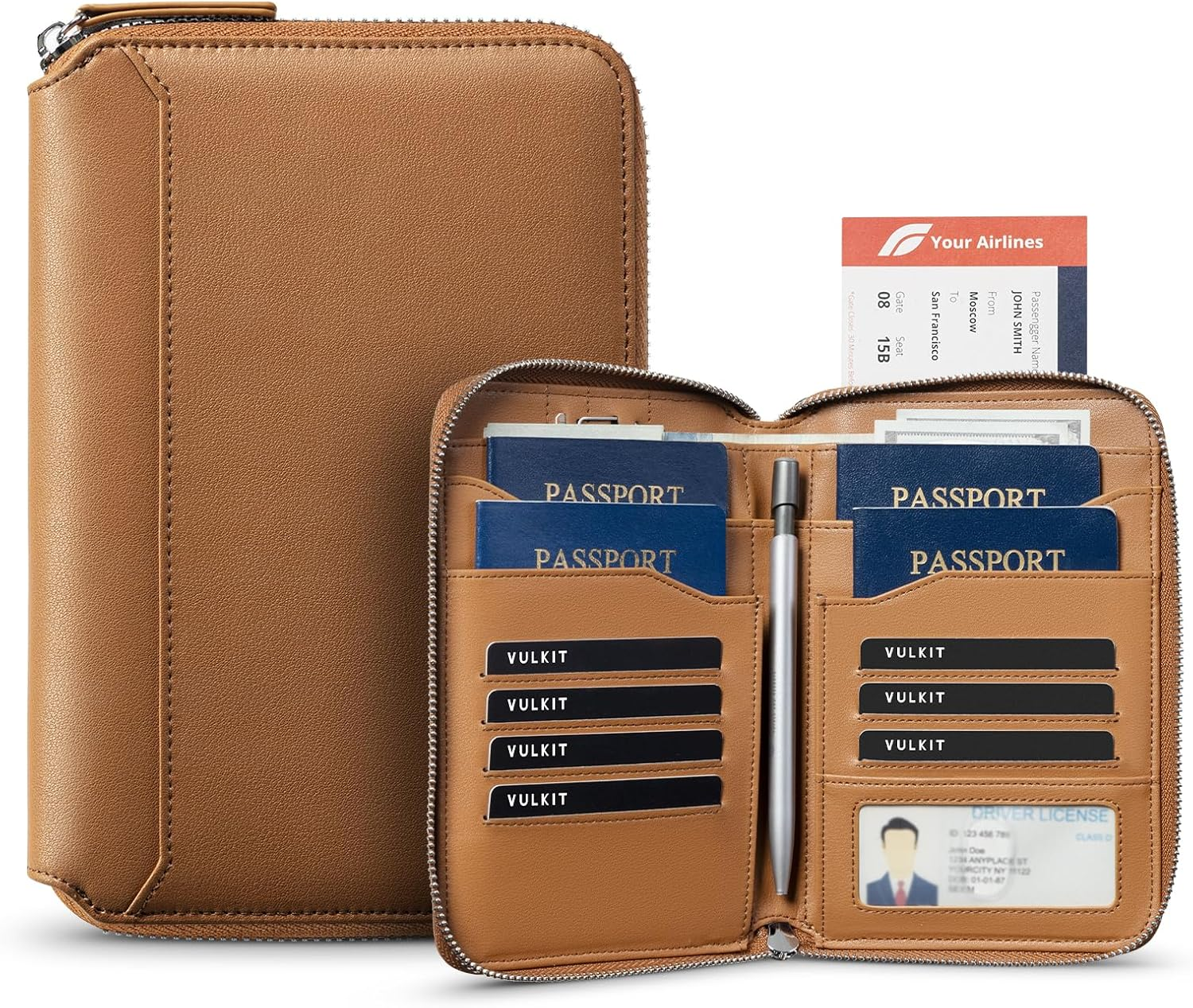 VULKIT Leather Passport Holder for 4-8 Passports Family Passport Wallet with Zipper Travel Documents Organizer for Men or Women(Black)