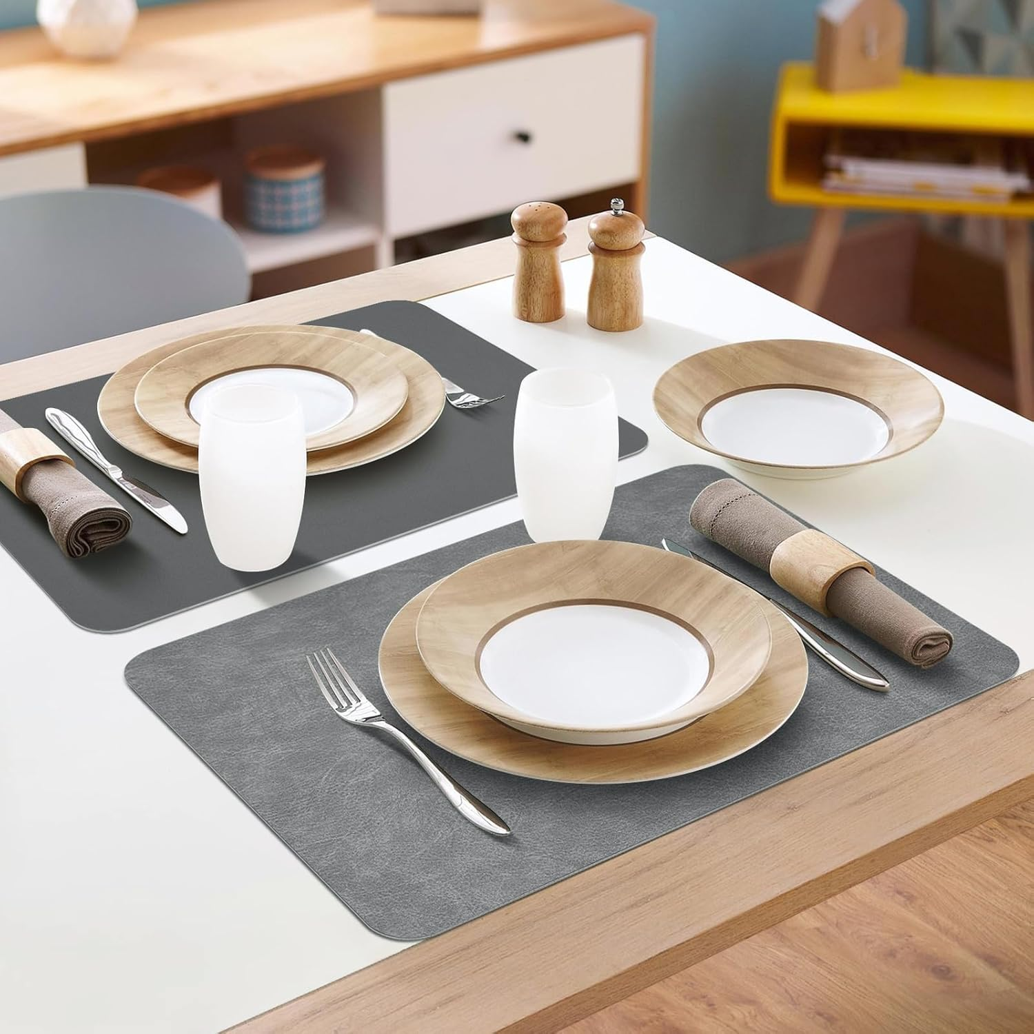 Faux Leather Placemats Set of 6 Table Mats 44.5 * 30Cm Heat Resistant Reversible Place Mats, Waterproof Wipeable Dining Table Place Mats for Home Party Outdoor (Grey) - Dark Green/Light Grey image number 6