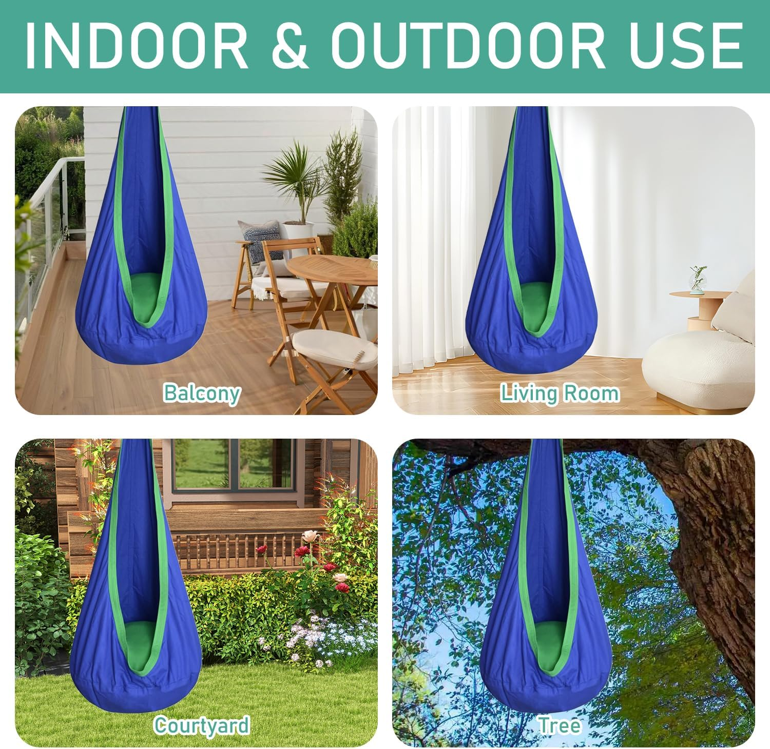 Uandhome Kids Pod Swing Seat, Hanging Pod Swing Chair with Inflatable Pillow, Sensory Swing Chair for Outdoor and Indoor,Cotton Child Swing Hammock Chair for Indoor and Outdoor Use (Blue) image number 1