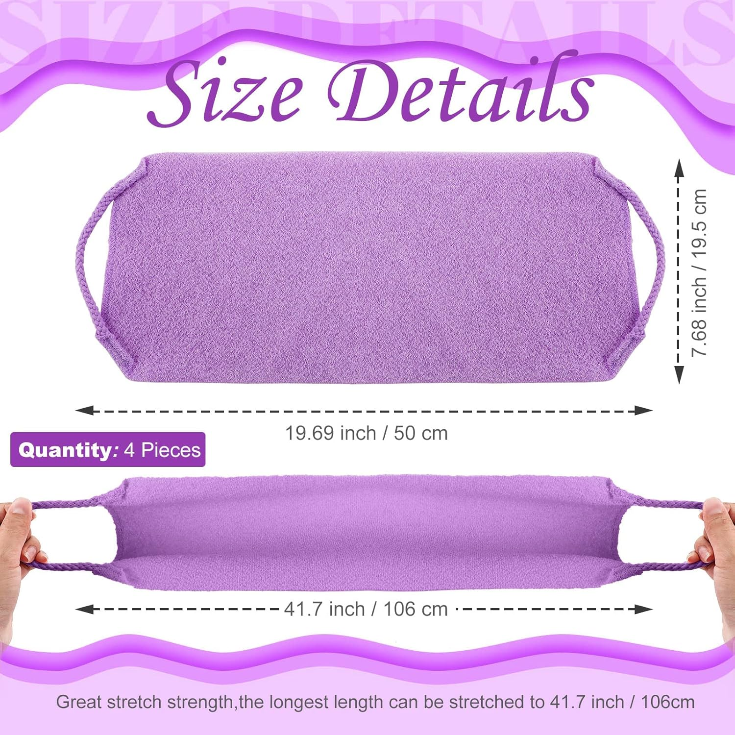PAOFUFUI Exfoliating Back Scrubber with Handles 4 Pack Nylon Back Exfoliator Extended Length Washers Scrubbers Stretchable Pull Strap Exfoliating Washcloth (Pink,Blue,Fluorescent Green,Purple) image number 2