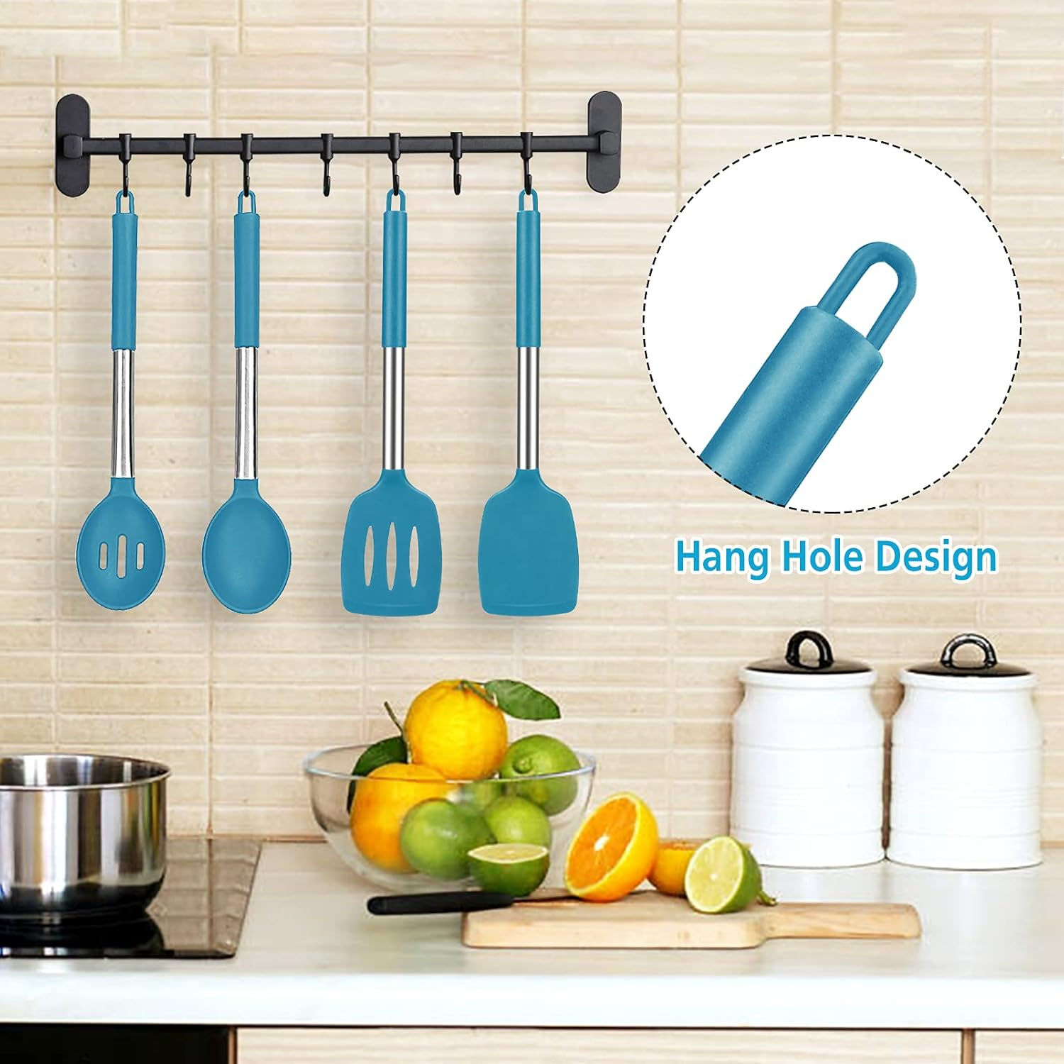Pack of 4 Large Silicone Cooking Spatulas and Spoons, Slotted and Solid Stainless Steel Cooking Utensils Set, Non-Stick Heat Resistant Kitchen for Baking, Fried, Stir-Fry, Mixing, Serving (Blue) image number 5