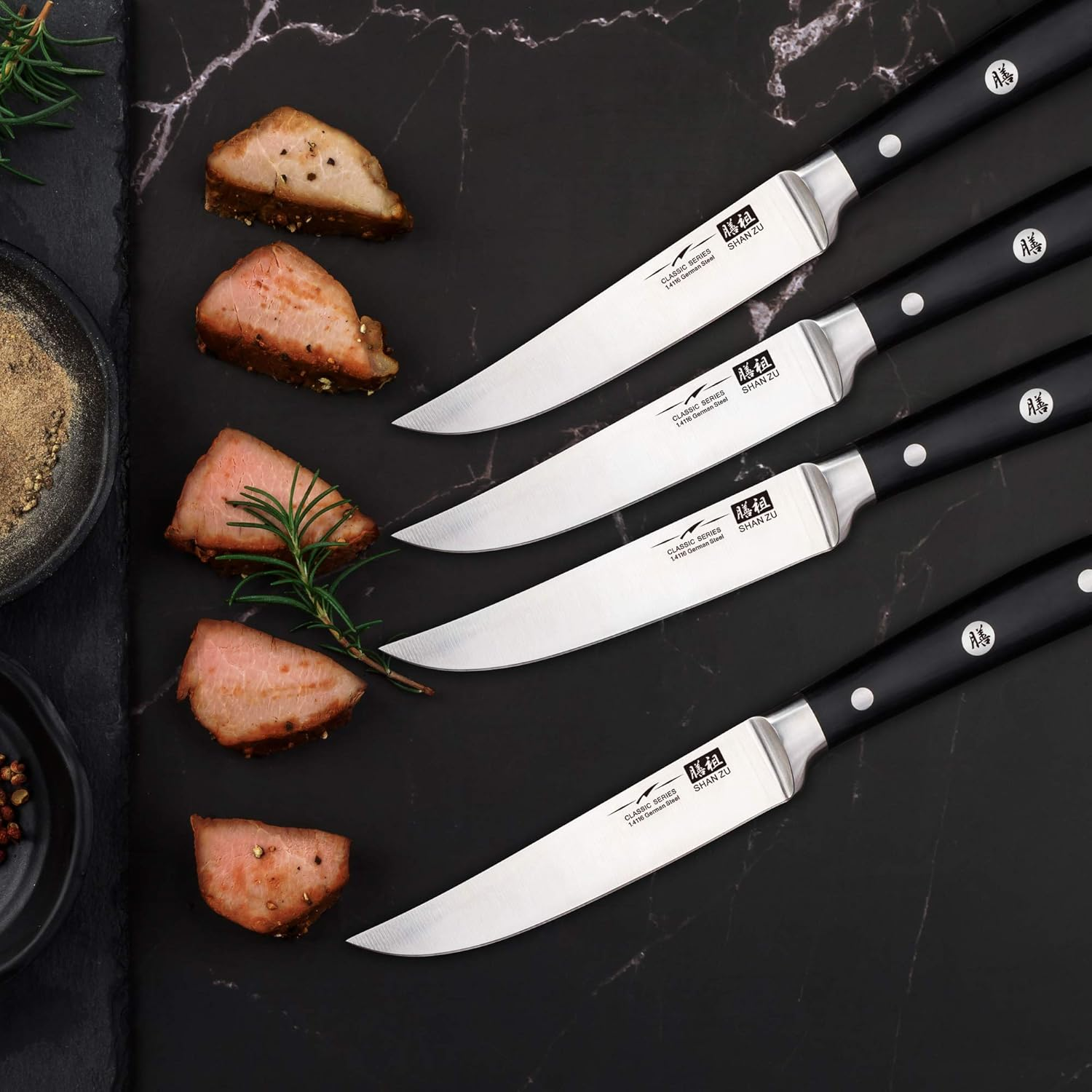 SHAN ZU Kitchen Steak Knives Set of 4, High Carbon German Stainless Steel Knives with 15&deg; Double Sided Edge & Ergonomic Pakkawood Handle image number 6