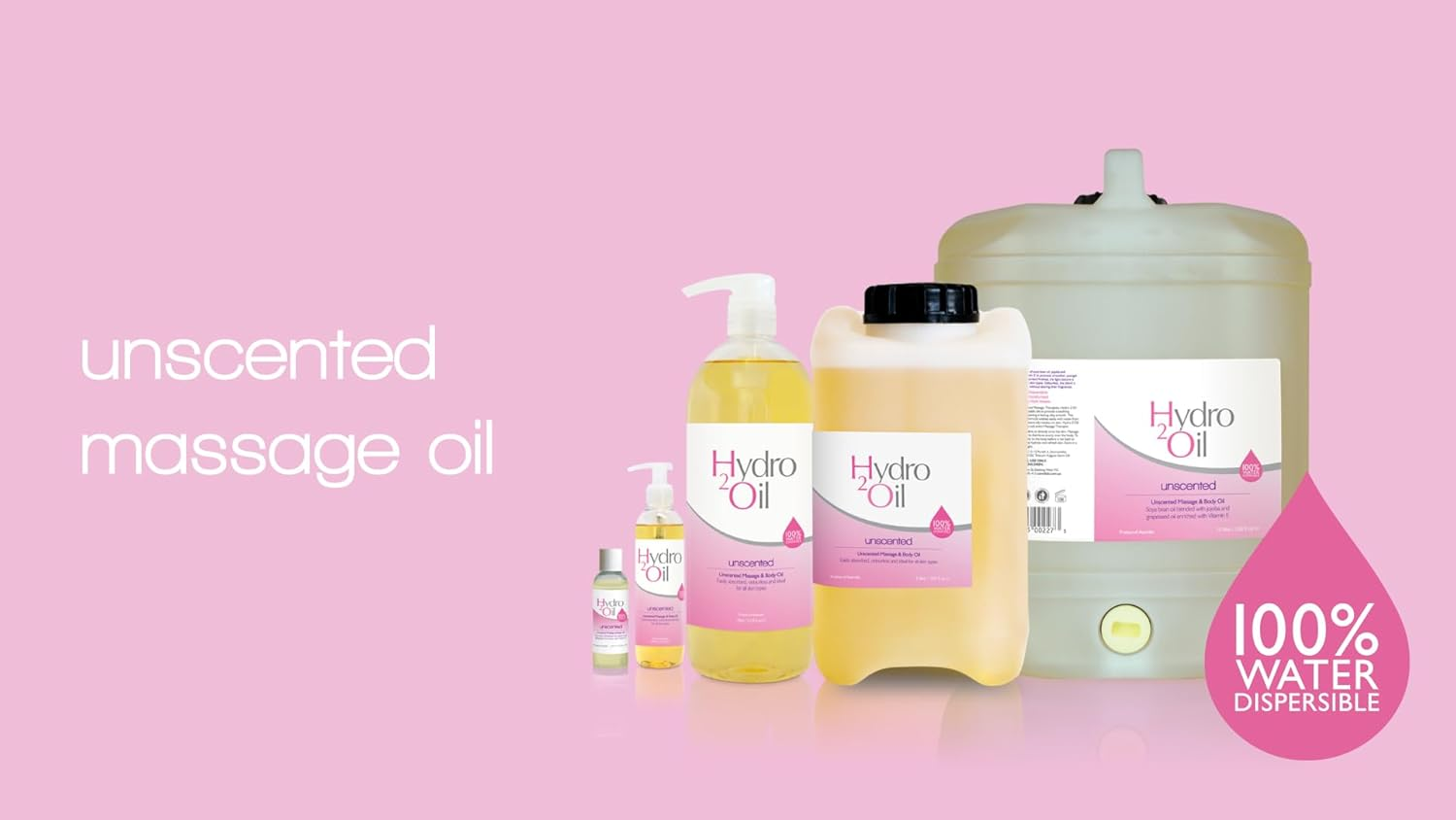 Hydro 2 Oil Unscented Massage Oil 1Lt - Water Dispersible Formula with Jojoba and Grapeseed Oil Enriched with Vitamin E