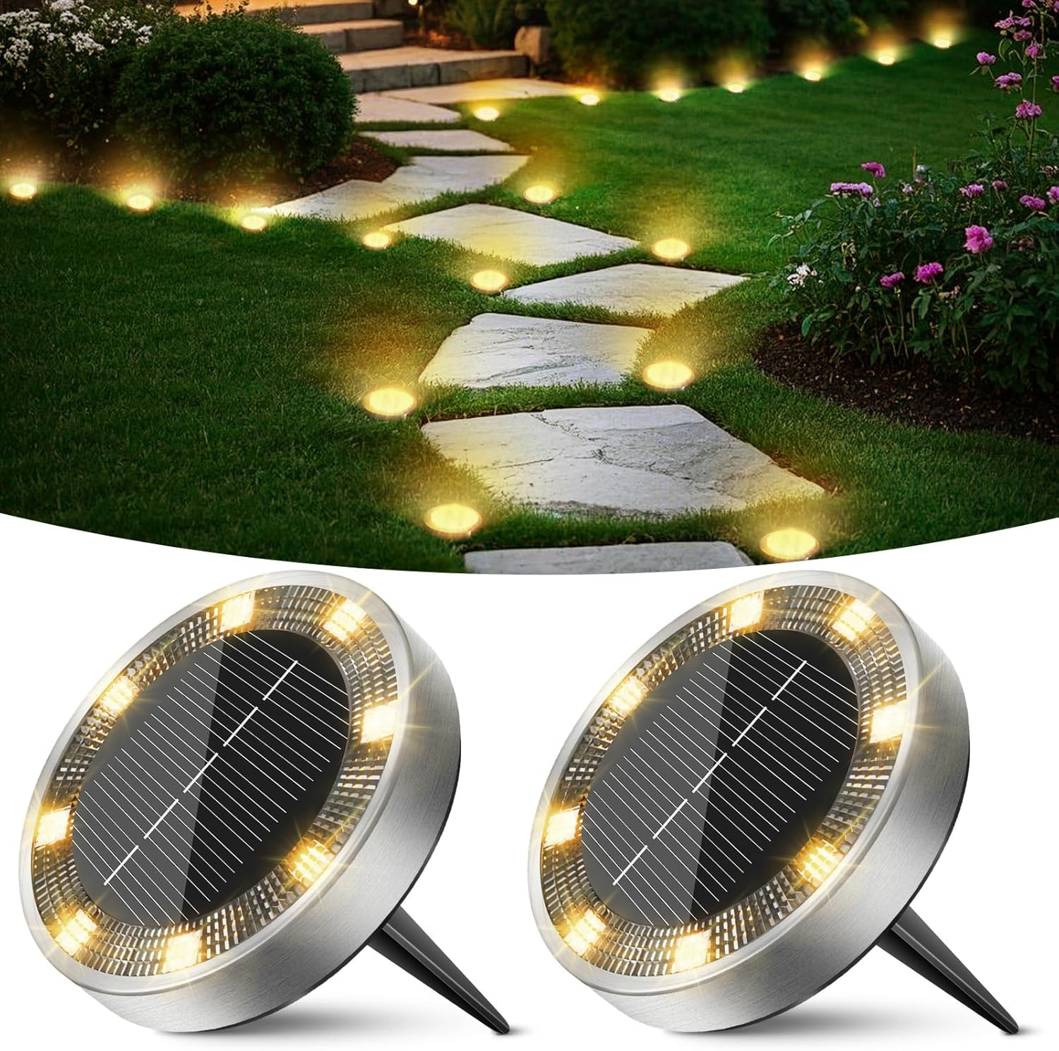Peasur Pack of 24 Solar Floor Lights Outdoor, 8 LED Solar Lights for Outdoor Garden Weatherproof Solar Lights Garden Lighting for Ground Path Lawn Walkway Warm White