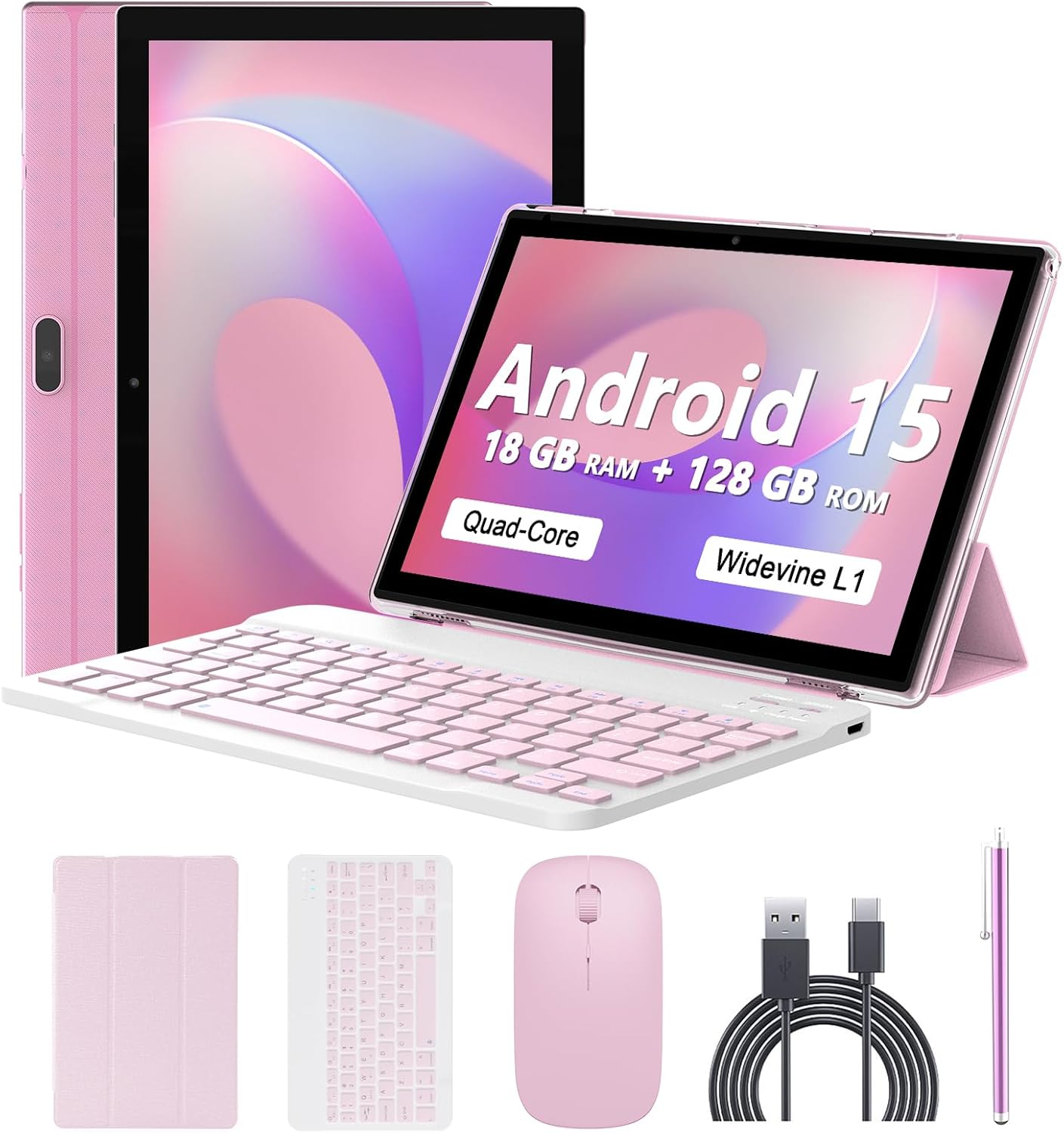 Android 15 Tablet 10 Inch, 18GB RAM+128GB ROM/2TB Expandable, 2 in 1 Tablets with Keyboard Case Mouse Stylus, 2.0Ghz Quad-Core Processor, 1280*800 IPS HD Screen, 5G Wifi 6 BT 5.0, 8MP Camera Tablet PC