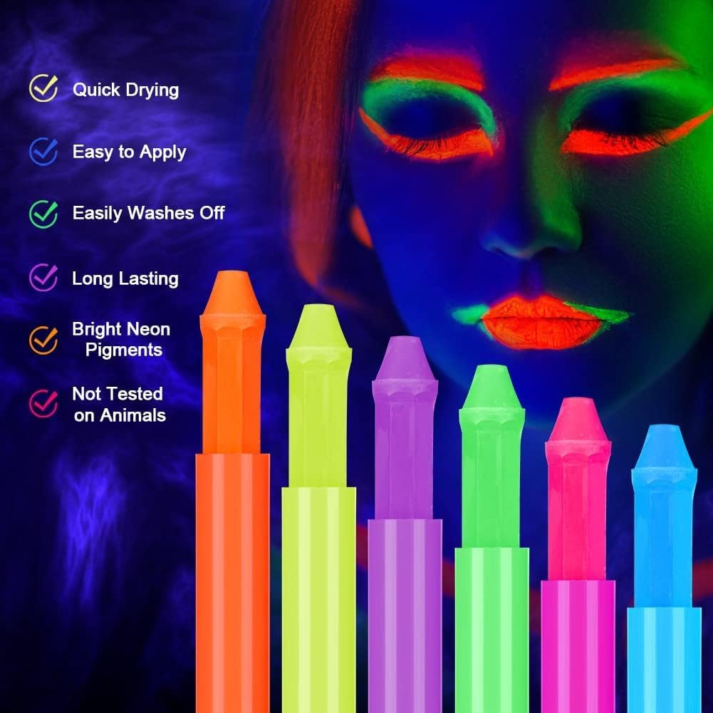 Glow Face Body Paint, 6PCS Glow in the Dark under UV Black Light Sticks Makeup Neon Face Painting Kits for Adult Halloween Festival Accessory Glow Party Supplies image number 1