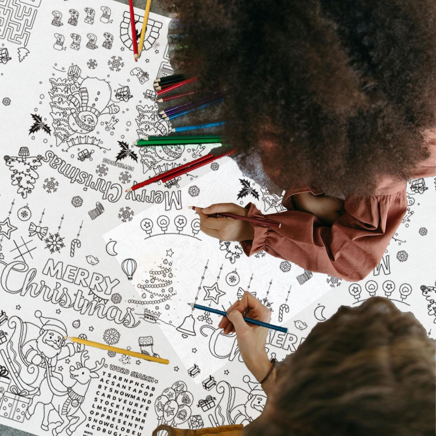 2Pcs Christmas Coloring Tablecloth, 53.9X107.9 Inch Christmas Paper Tablecloth Christmas Table Decor Coloring Poster for Kids Home Classroom Activities Party Favors