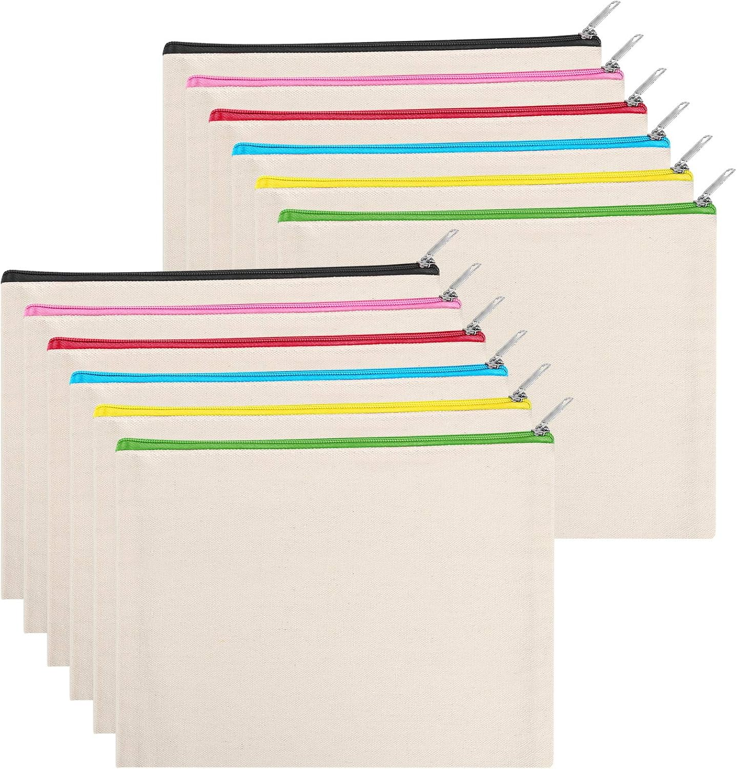 12 Pieces Black Cotton Canvas Makeup Bag, Multipurpose Cosmetic Bag with Zipper Travel Toiletry Pouch, Blank DIY Craft Bag Pencil Bag, White, M