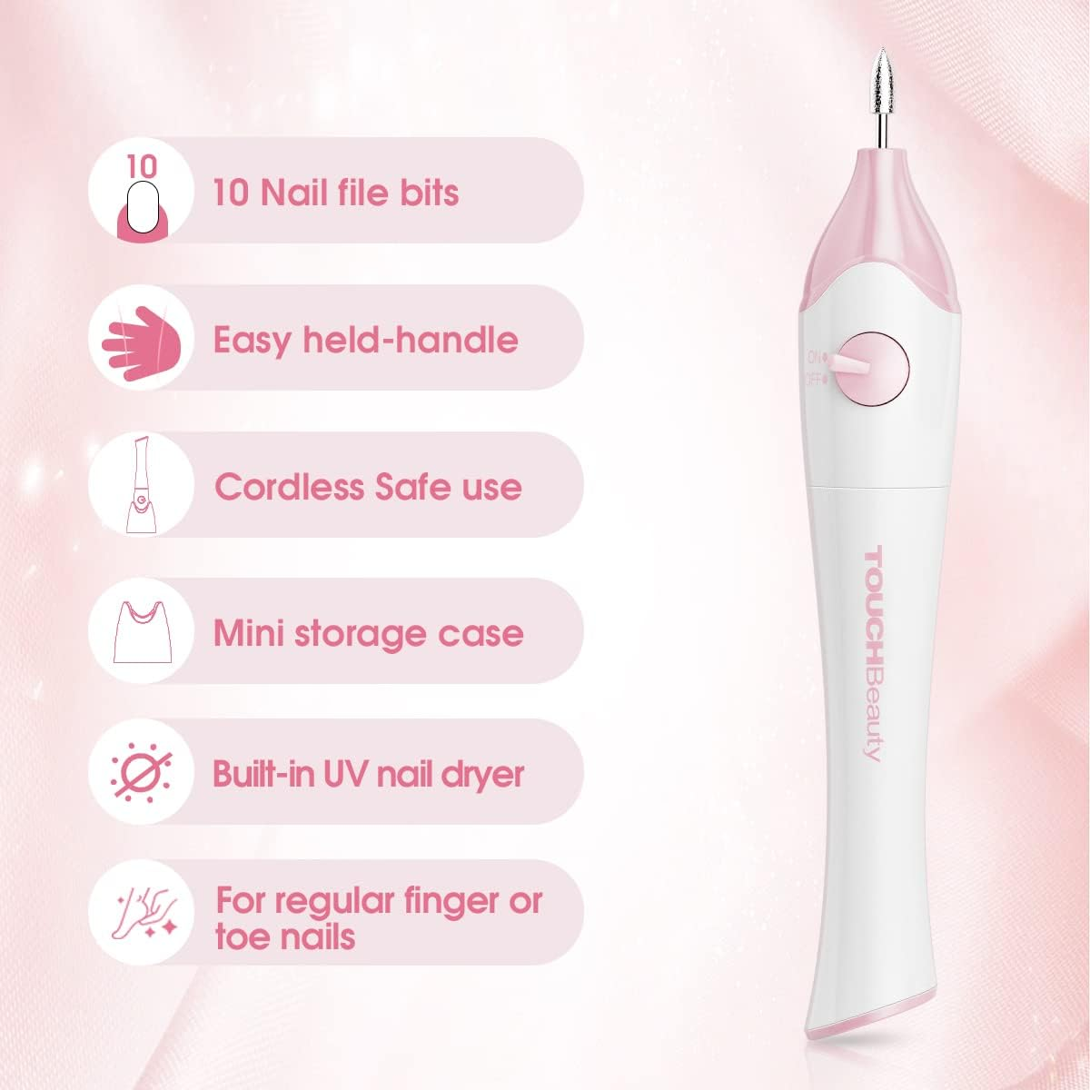 Touchbeauty Electric Nail File Drill with 10Pcs Nail Bits for Natural Nails, Manicure Pedicure Set with UV Light Stand, Nail Buffer Drill Polisher Fingernails Toenails Care Set Pink Color image number 5