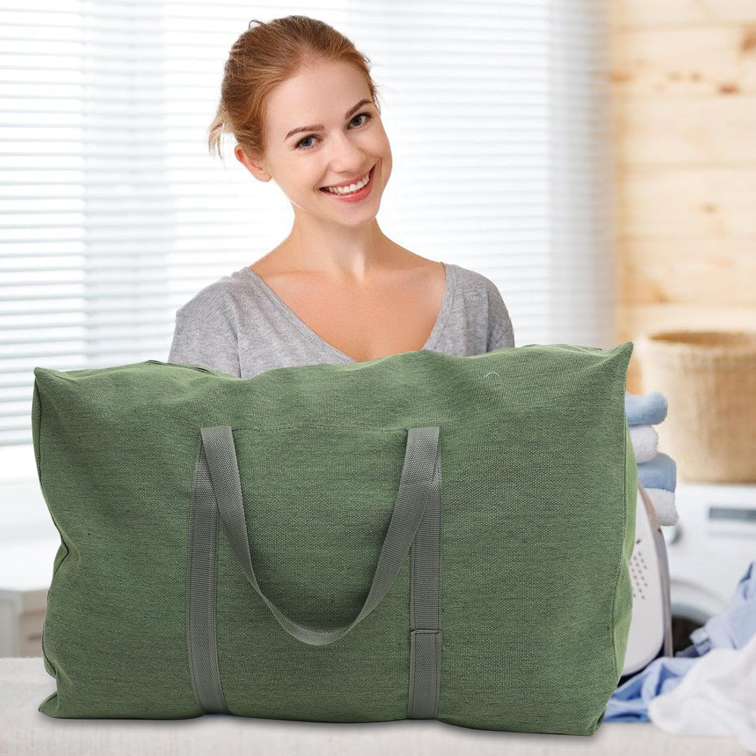 YARNOW Large Olive Green Canvas Travel Duffle Bag Zipper Heavy Duty Big Capacity Moving Luggage Tote for Clothes Bedding Storage and Hand Carry Random Color image number 2