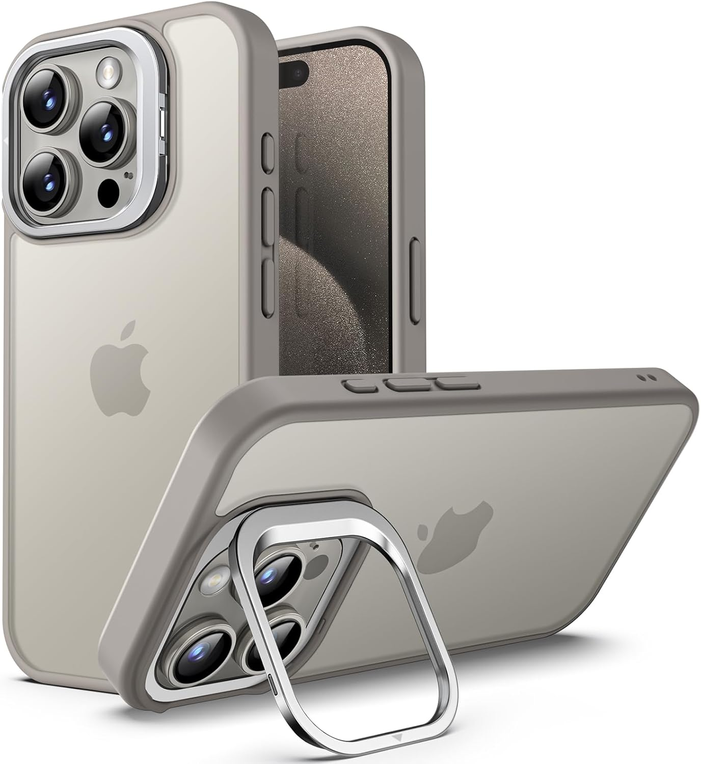 Jetech Kickstand Case for Iphone 15 Pro 6.1-Inch, Built-In Adjustable Camera Stand, Military Grade Drop Protection, Frosted Translucent Matte Back Shockproof Phone Cover (Black Titanium)