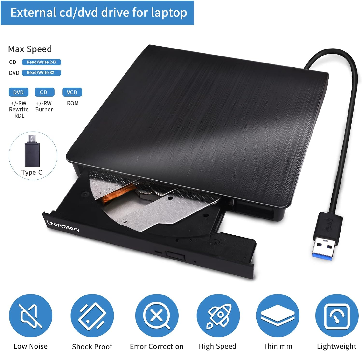 External DVD Drive USB 3.0 Type-C USB Portable Player for Laptop CD DVD +/-RW Disk Drive CD ROM Burner Writer CD/DVD Burner Reader Compatible with Desktop Windows Linux OS Apple Macbook image number 5