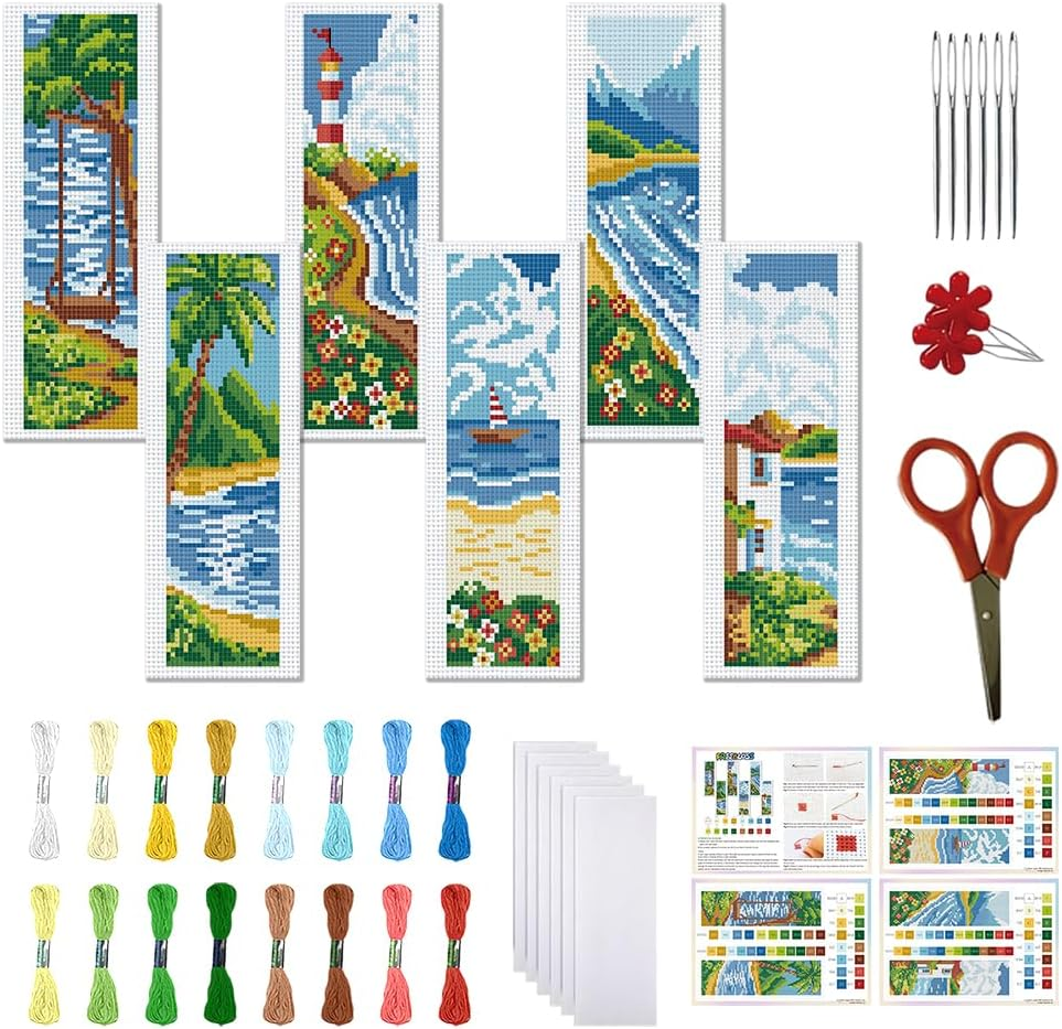 FREEBLOSS 6 Set Cross Stitch Bookmark Kit Stamped Cross Stitch Kit Black Cat Embroidery Set with Instruction for Adults 6X20Cm