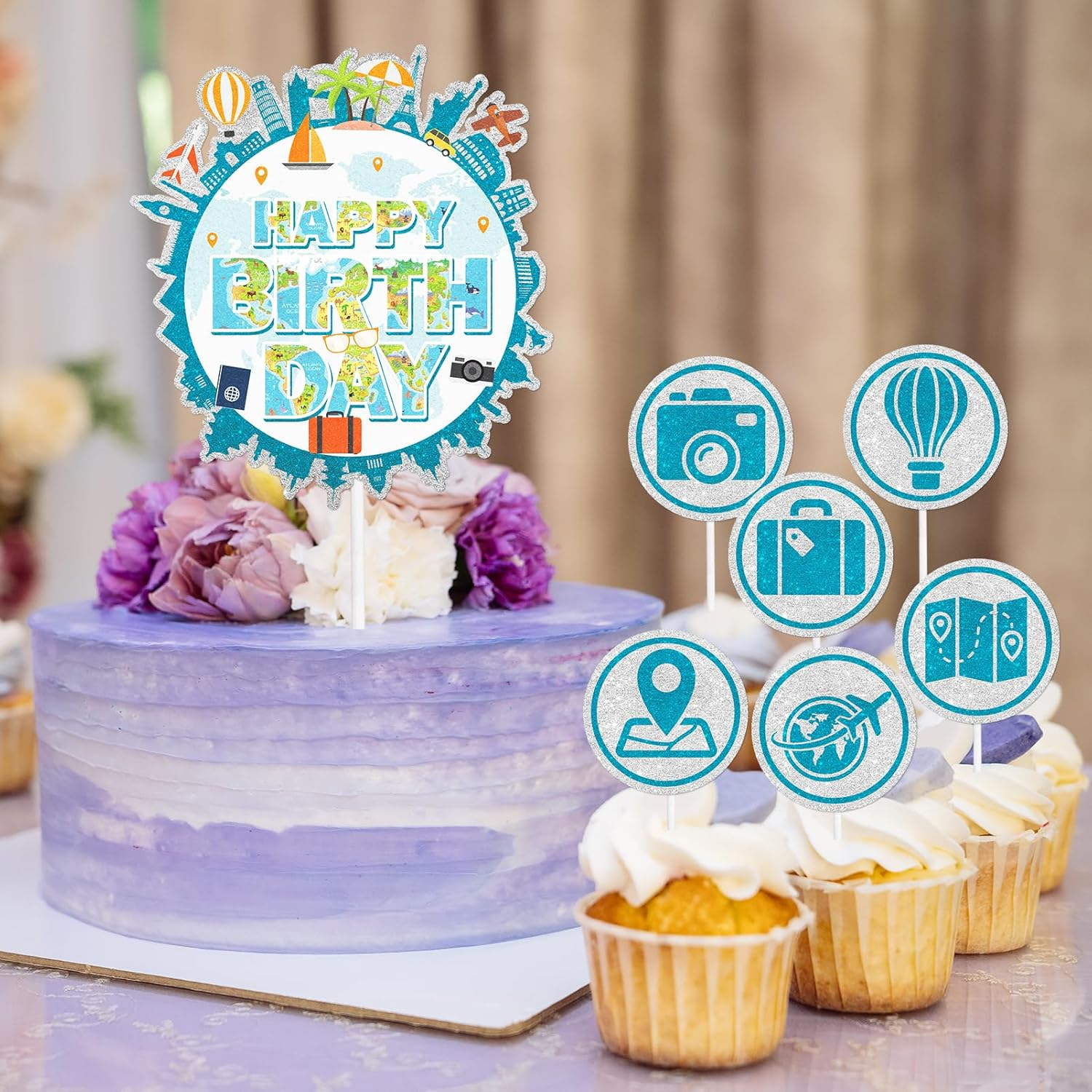 Travel Birthday Themed Happy Cake Topper 7-Piece Set - Adventure Waiting Party, Travel around the World Party, Retirement Party Suitcase, Airplane Decoration.Wish Bon Voyage - LIANGSS image number 5