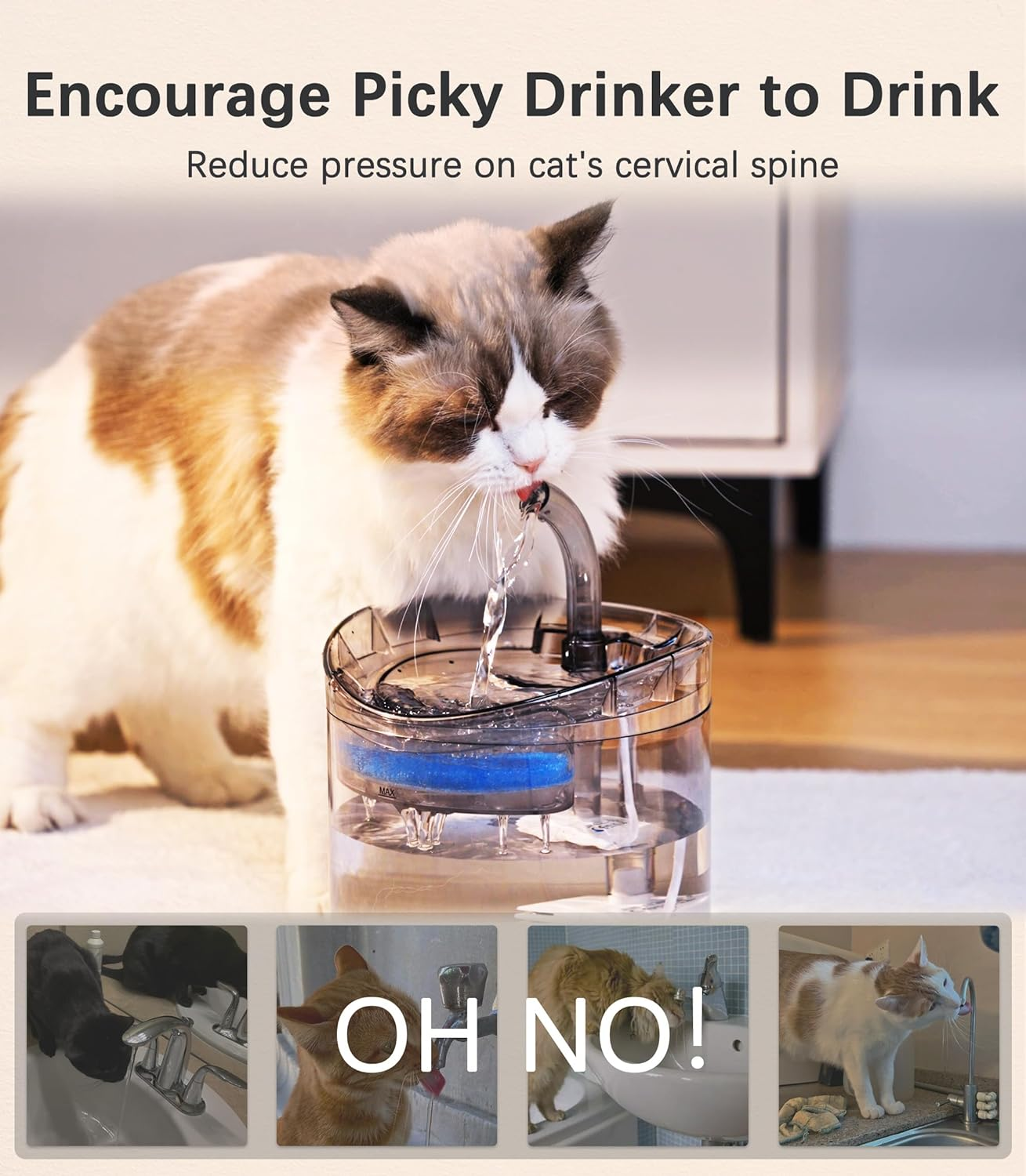 Cat Water Fountain Animal Water Dispenser 61OZ/1.8L Automatic Pet Drinking Fountain with 3 Filter Replacement 1 Pump 1 Cleaning Brush Kit 1 Silicone Food Mat 1 Adapter for Cats Kitty Indoor - No Adapter image number 7