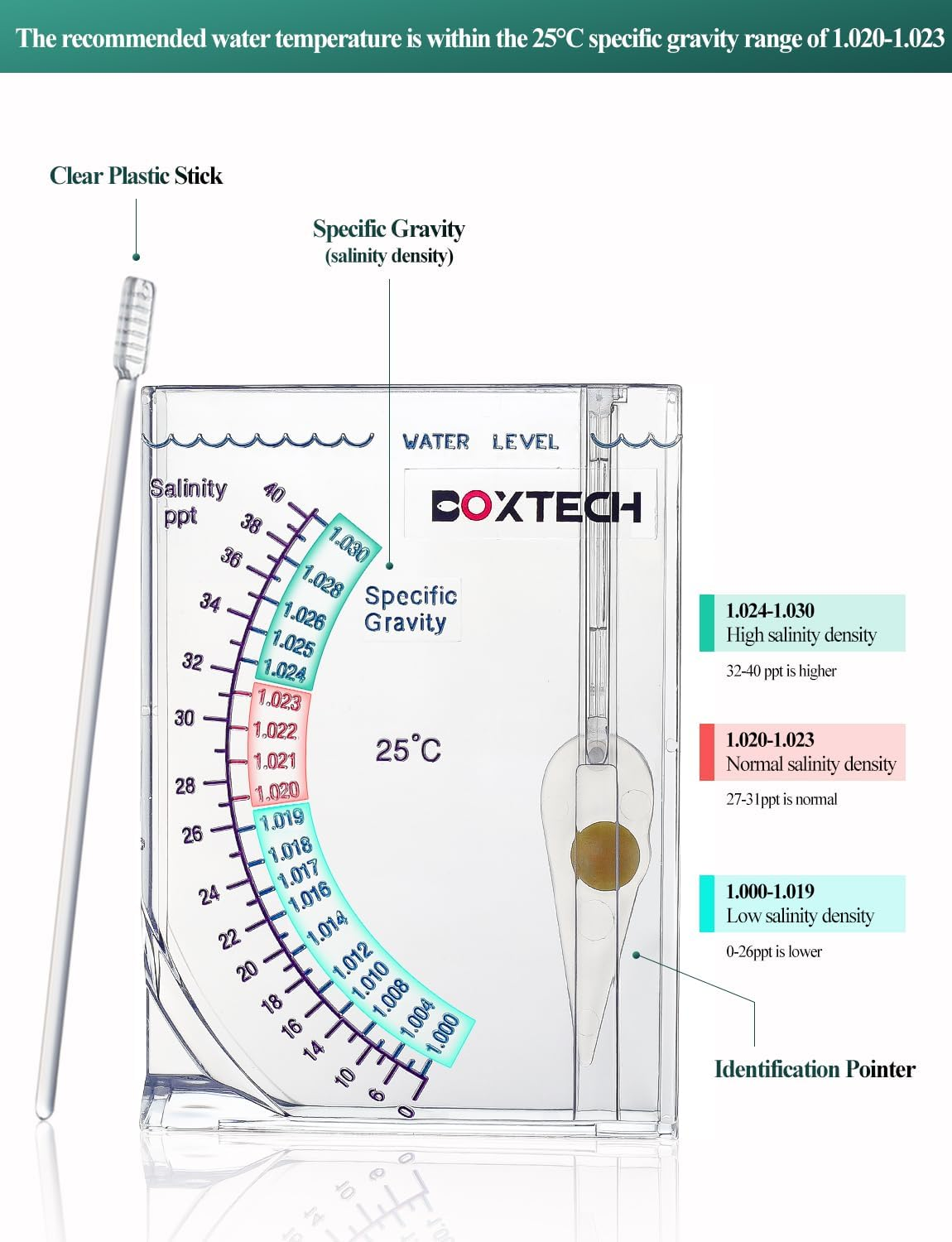 Boxtech Aquarium Marine Test, Sea Saltwater Hydrometer, Reef Ocean Hydrometer Salinity Meter for Pool Aquarium Water Salinity Specific Gravity Test image number 5