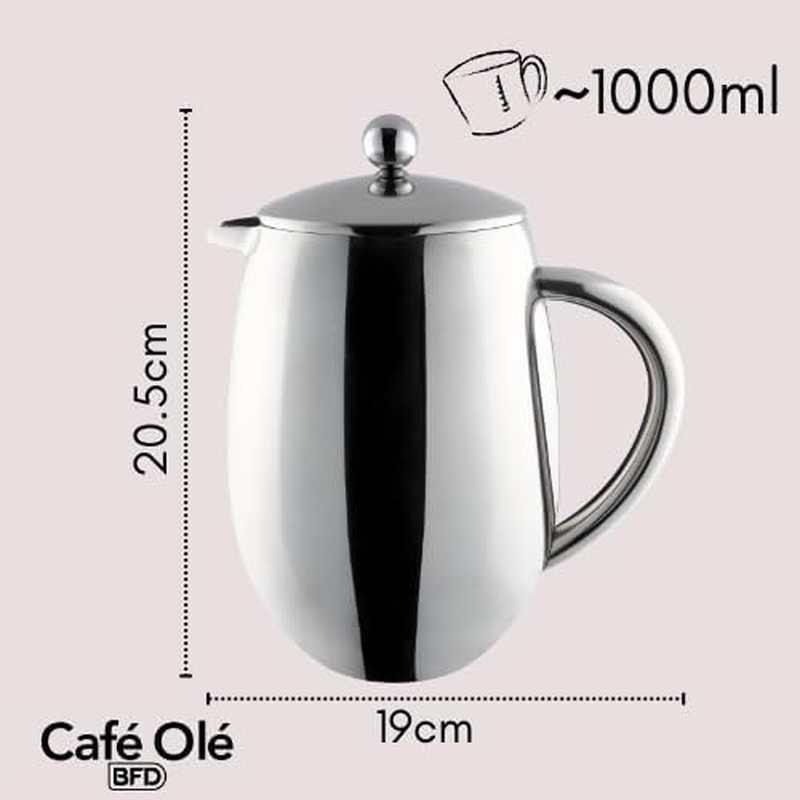 Caf&eacute; Ole 8 Cup Double Walled Bellied Cafetiere Coffee Maker, Mirror, 1 Litre image number 2