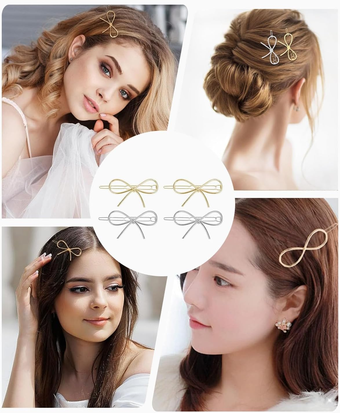 BPTRKOM Pack of 4 Hair Clips Bow - Hair Clips with Metal Bow for Women and Girls, Chic, Simple, Fashionable, Hair Clips Women'S Metal Retro for Wedding Party Girls (Gold, Silver) image number 2