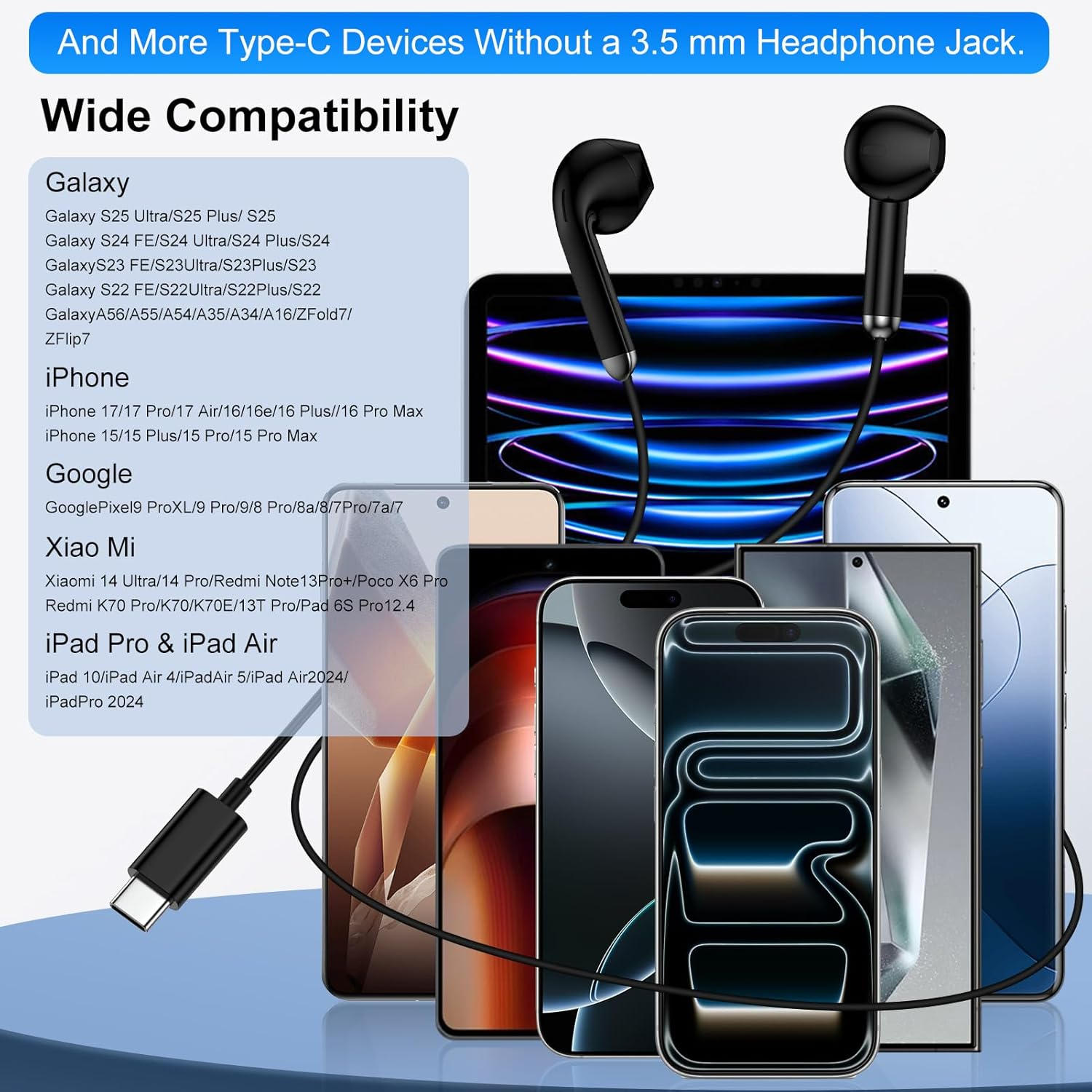 In-Ear Headphones with Cable Type C for Samsung S23 S22 S21 S20 A53 A54 A34 (Black) image number 5