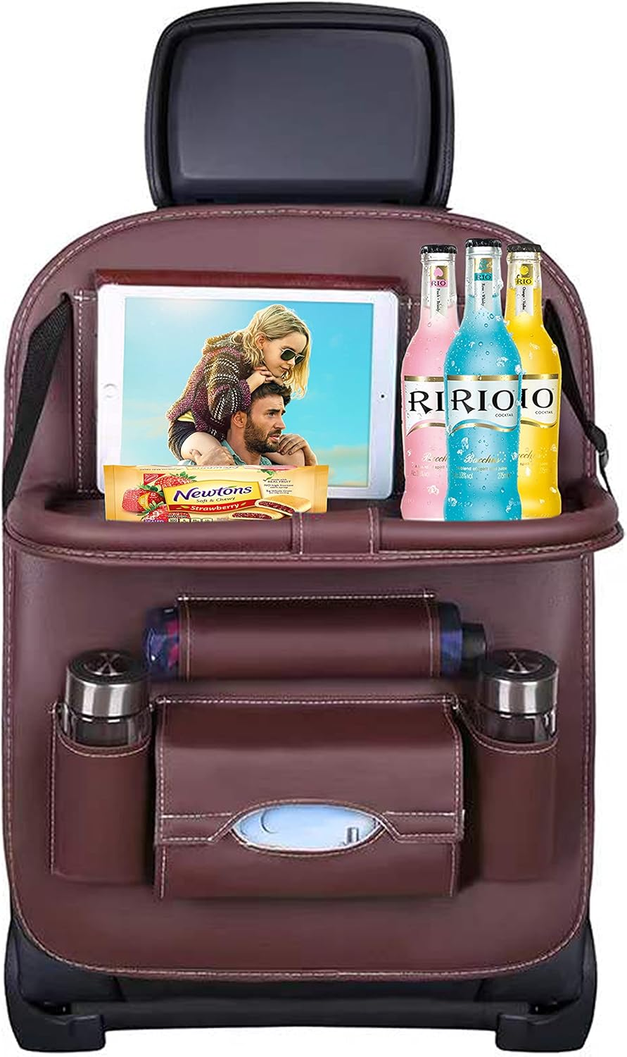 Premium PU Leather Backseat Seat Organizer with Foldable Table, Multi-Storage Pockets and Adjustable Buckle Strap - Beige