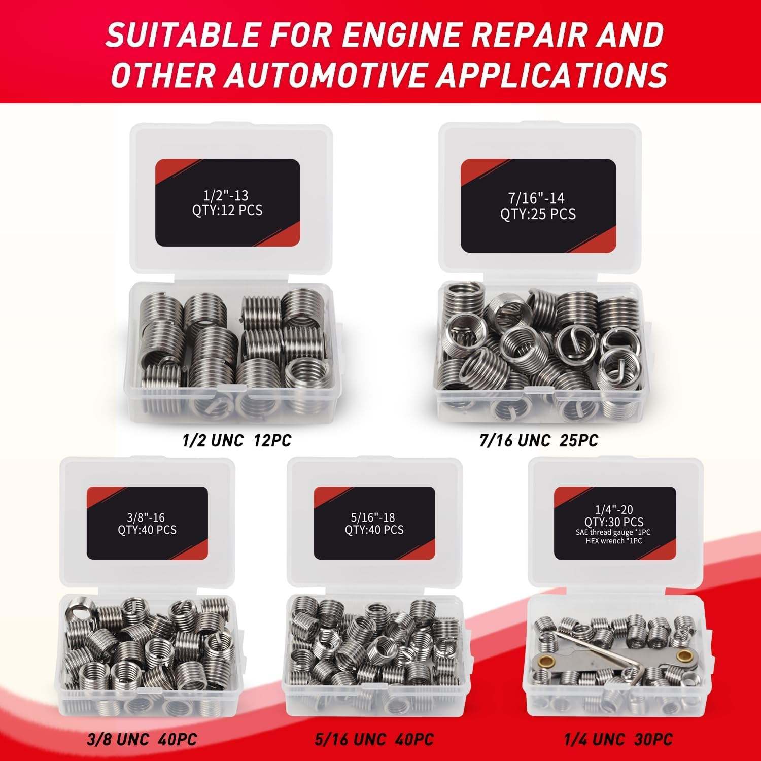 AKM 338Pc Thread Repair Kit, HSS Drill Helicoil Repair Kit Sae&Metric，1/4" 5/16" 3/8" 7/16" 1/2" M5 M6 M8 M10 M12 Kit with Thread Gauge image number 1