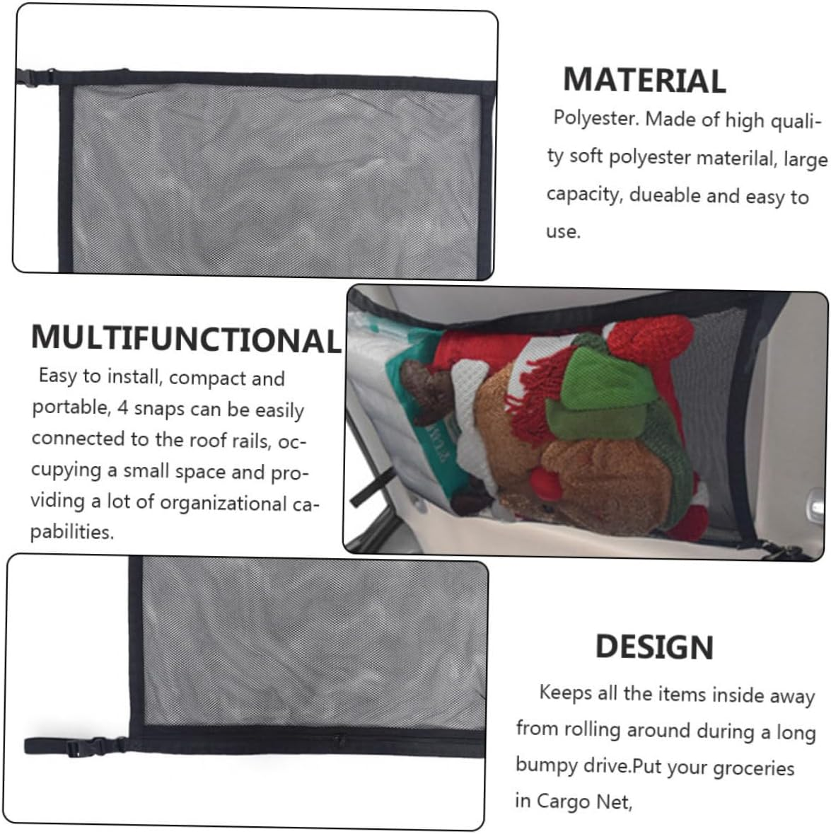 STAHAD Adjustable Car Roof Mesh Bag Organizer with Zippered Straps Breathable Polyester Storage Net for Clothes Pillows Blankets Interior Hanging Pouch for Vehicle Ceiling image number 2