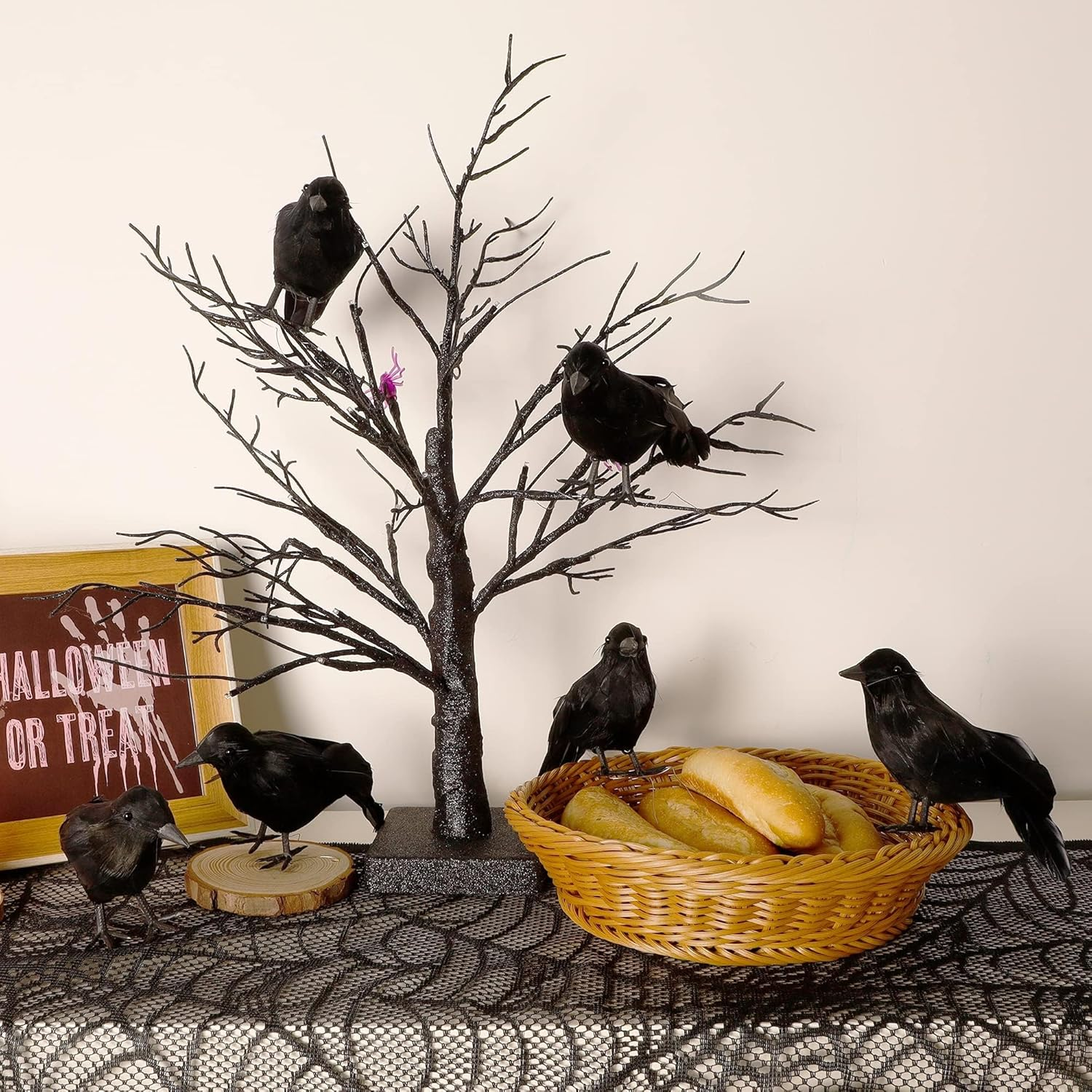 6 Pieces Halloween Black Crows Feathered Crows Realistic Looking Halloween Handmade Feathered Crow for Halloween Indoor Outdoors Ravens Birds Decoration