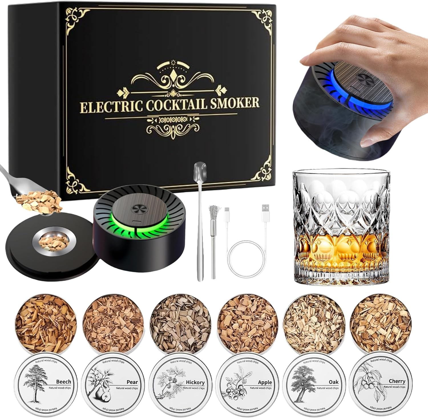 Electric Whiskey Smoker Kit with Rechargeable Built-In Lighter & LED Light, No Butane Needed, 6 Flavored Wood Chips for Old Fashioned Smoker Kit, Bourbon, Cocktail Father&rsquo;S Day Gifts for Men Husband image number 5