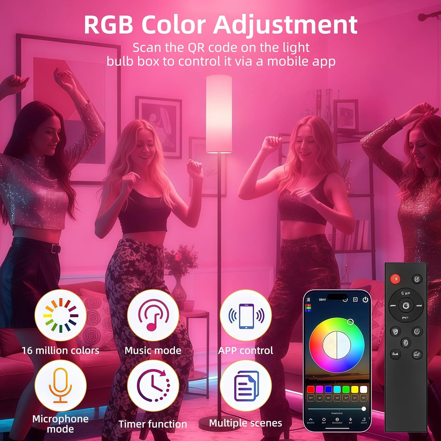 RGB Floor Lamp for Living Room, Modern Floor Lamp with Remote - 3 Color Temperature LED, Foot Switch, 9W RGB LED Bulb for Bedroom Office Kid Room, Warmth & Colourfulness image number 3